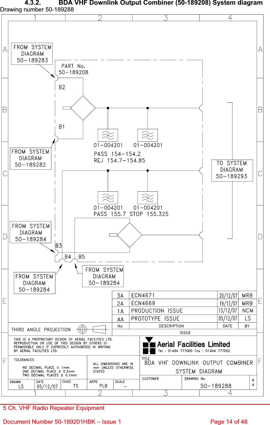 5 Ch. VHF Radio Repeater EquipmentDocument Number 50-189201HBK – Issue 1  Page 14 of 48 4.3.2.  BDA VHF Downlink Output Combiner (50-189208) System diagram Drawing number 50-189288 