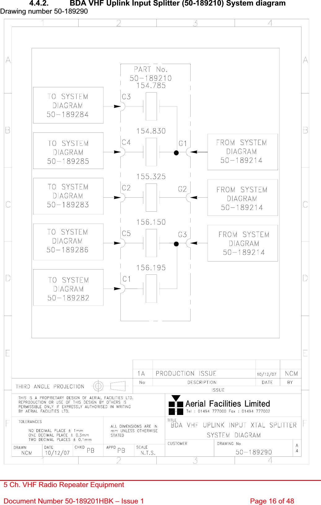 5 Ch. VHF Radio Repeater EquipmentDocument Number 50-189201HBK – Issue 1  Page 16 of 48 4.4.2.  BDA VHF Uplink Input Splitter (50-189210) System diagram Drawing number 50-189290 