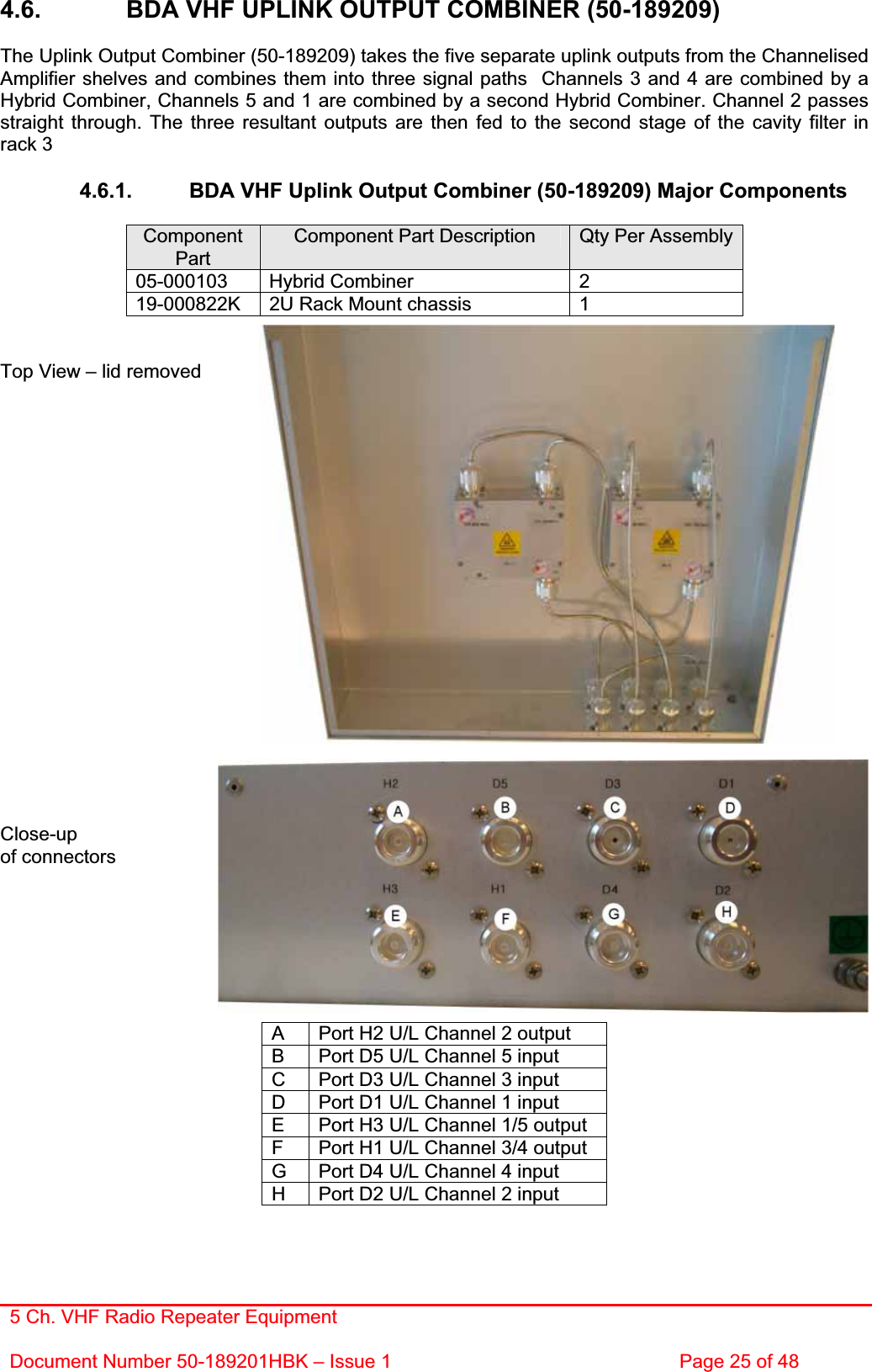 5 Ch. VHF Radio Repeater EquipmentDocument Number 50-189201HBK – Issue 1  Page 25 of 48 4.6.    BDA VHF UPLINK OUTPUT COMBINER (50-189209) The Uplink Output Combiner (50-189209) takes the five separate uplink outputs from the Channelised Amplifier shelves and combines them into three signal paths  Channels 3 and 4 are combined by a Hybrid Combiner, Channels 5 and 1 are combined by a second Hybrid Combiner. Channel 2 passes straight through. The three resultant outputs are then fed to the second stage of the cavity filter in rack 3 4.6.1.  BDA VHF Uplink Output Combiner (50-189209) Major Components ComponentPartComponent Part Description  Qty Per Assembly 05-000103 Hybrid Combiner  2 19-000822K  2U Rack Mount chassis  1 Top View – lid removed Close-upof connectors A  Port H2 U/L Channel 2 output B  Port D5 U/L Channel 5 inputC  Port D3 U/L Channel 3 input D  Port D1 U/L Channel 1 input E  Port H3 U/L Channel 1/5 output F  Port H1 U/L Channel 3/4 output G  Port D4 U/L Channel 4 input H  Port D2 U/L Channel 2 input 