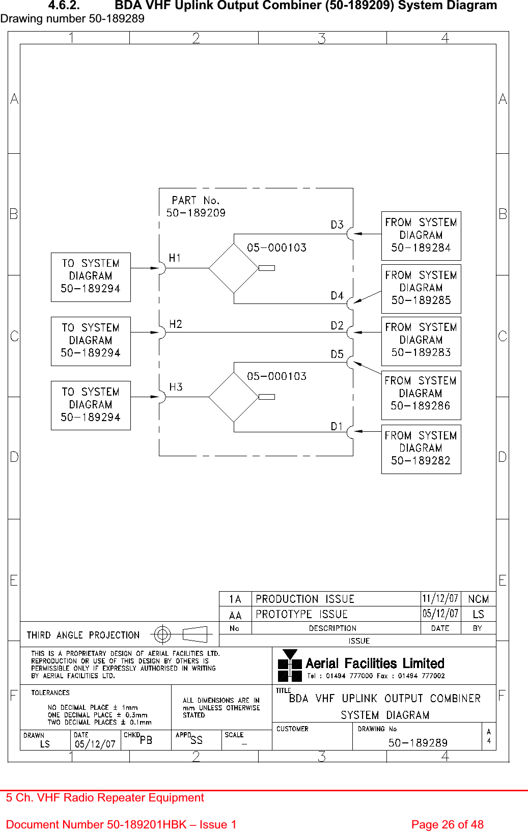 5 Ch. VHF Radio Repeater EquipmentDocument Number 50-189201HBK – Issue 1  Page 26 of 48 4.6.2.  BDA VHF Uplink Output Combiner (50-189209) System Diagram Drawing number 50-189289 