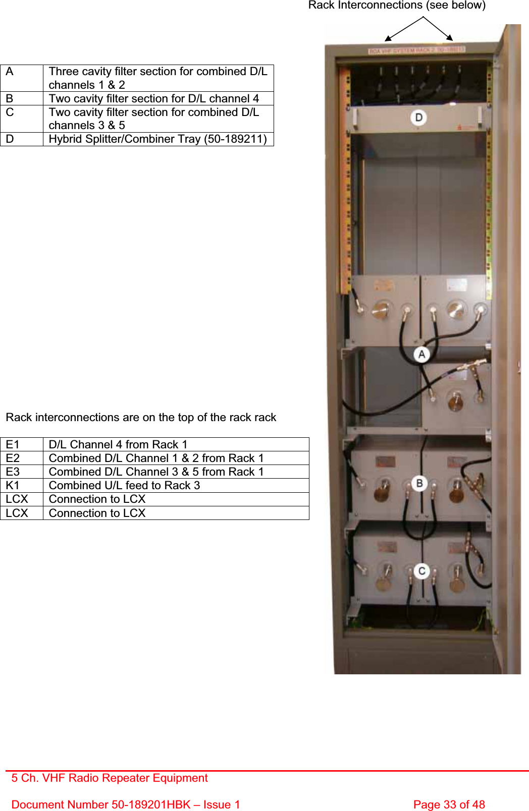 5 Ch. VHF Radio Repeater EquipmentDocument Number 50-189201HBK – Issue 1  Page 33 of 48         Rack Interconnections (see below) A  Three cavity filter section for combined D/L channels 1 &amp; 2 B  Two cavity filter section for D/L channel 4 C  Two cavity filter section for combined D/L channels 3 &amp; 5 D  Hybrid Splitter/Combiner Tray (50-189211) Rack interconnections are on the top of the rack rack E1  D/L Channel 4 from Rack 1 E2  Combined D/L Channel 1 &amp; 2 from Rack 1 E3  Combined D/L Channel 3 &amp; 5 from Rack 1 K1  Combined U/L feed to Rack 3 LCX  Connection to LCX LCX  Connection to LCX 