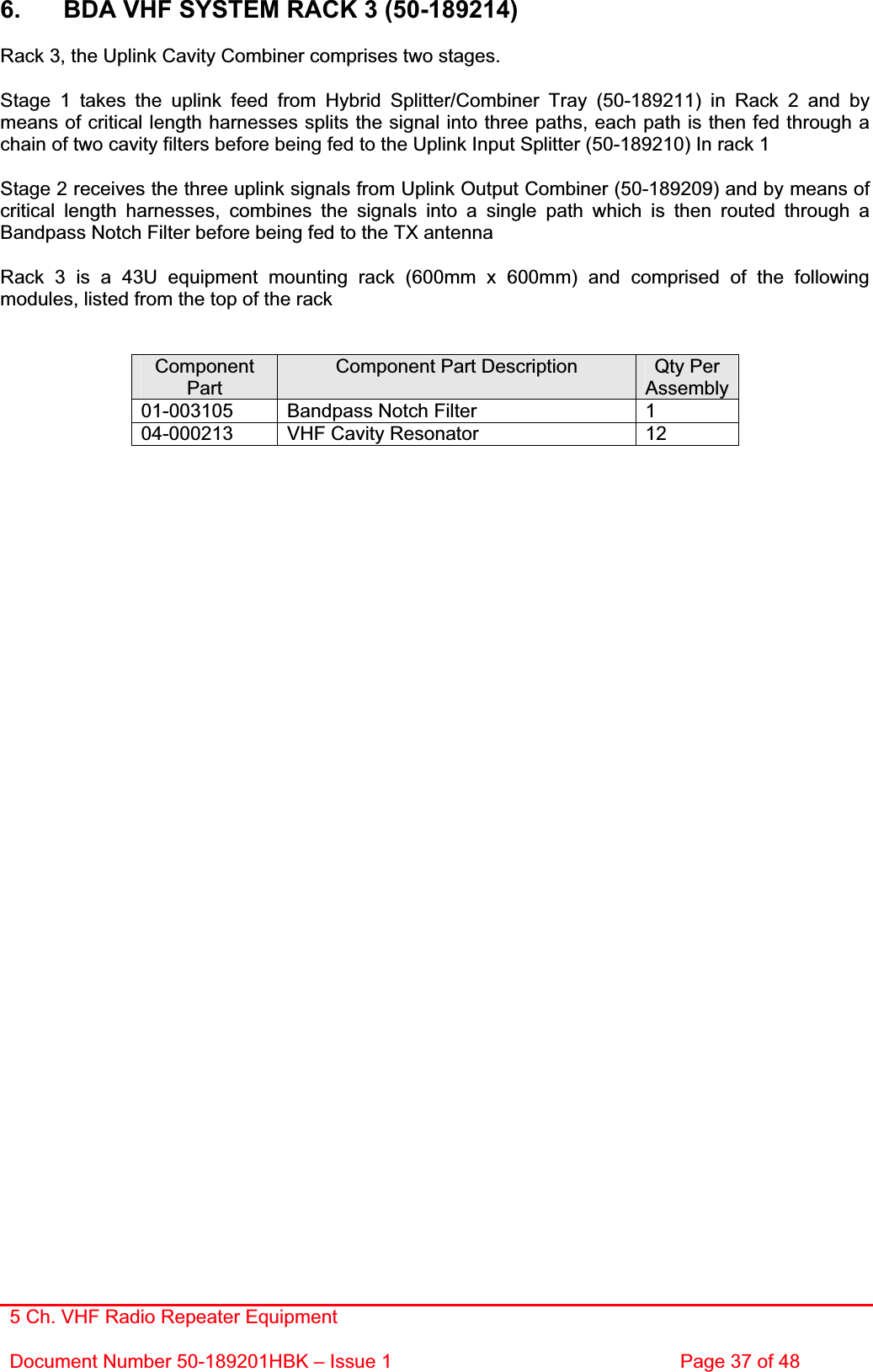 5 Ch. VHF Radio Repeater EquipmentDocument Number 50-189201HBK – Issue 1  Page 37 of 48 6.  BDA VHF SYSTEM RACK 3 (50-189214)Rack 3, the Uplink Cavity Combiner comprises two stages.Stage 1 takes the uplink feed from Hybrid Splitter/Combiner Tray (50-189211) in Rack 2 and by means of critical length harnesses splits the signal into three paths, each path is then fed through a chain of two cavity filters before being fed to the Uplink Input Splitter (50-189210) In rack 1 Stage 2 receives the three uplink signals from Uplink Output Combiner (50-189209) and by means of critical length harnesses, combines the signals into a single path which is then routed through a Bandpass Notch Filter before being fed to the TX antenna Rack 3 is a 43U equipment mounting rack (600mm x 600mm) and comprised of the following modules, listed from the top of the rack ComponentPartComponent Part Description  Qty Per Assembly 01-003105  Bandpass Notch Filter  1 04-000213  VHF Cavity Resonator   12 