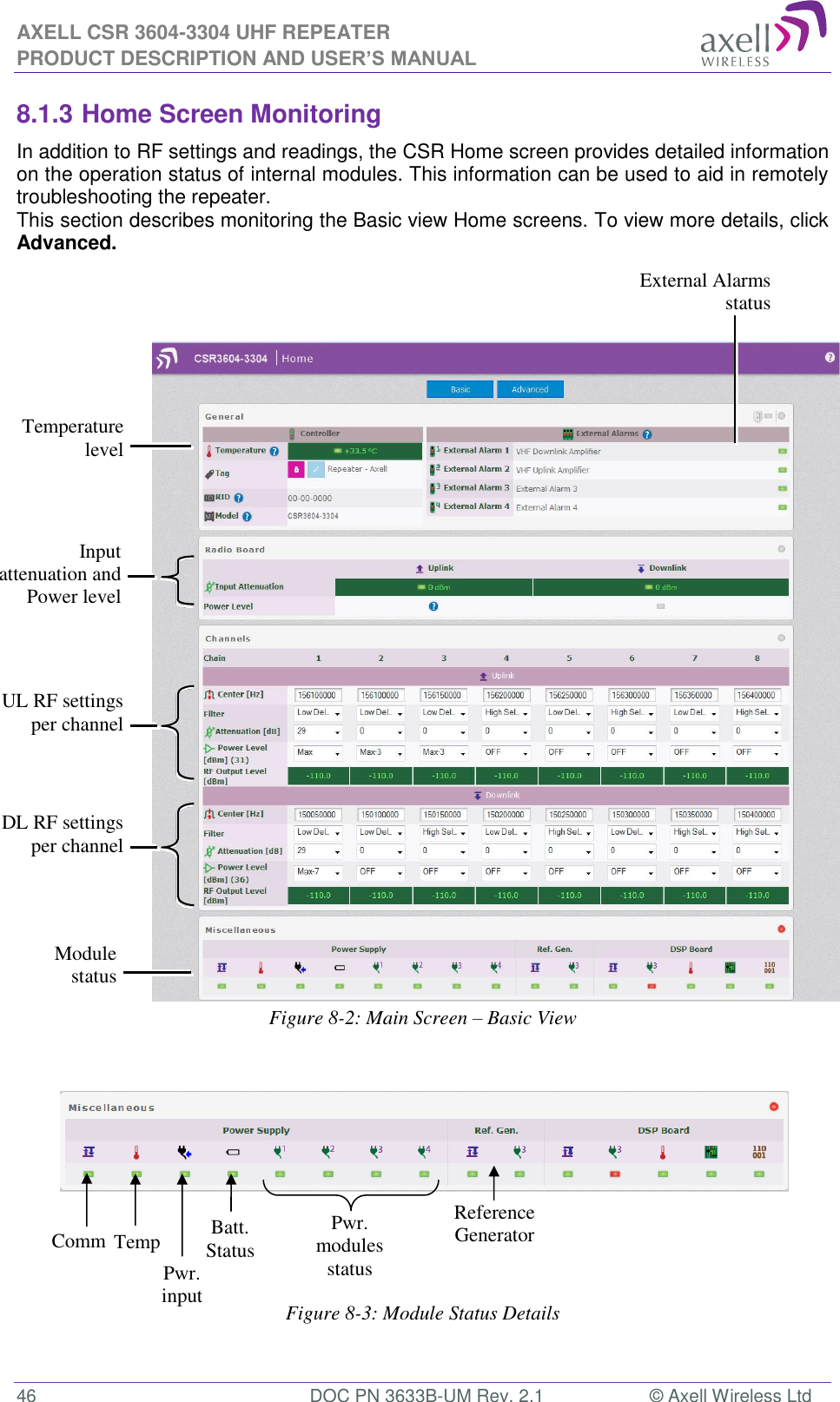 AXELL CSR 3604-3304 UHF REPEATER PRODUCT DESCRIPTION AND USER’S MANUAL  46  DOC PN 3633B-UM Rev. 2.1  © Axell Wireless Ltd  8.1.3 Home Screen Monitoring In addition to RF settings and readings, the CSR Home screen provides detailed information on the operation status of internal modules. This information can be used to aid in remotely troubleshooting the repeater.  This section describes monitoring the Basic view Home screens. To view more details, click Advanced.                    Figure 8-2: Main Screen – Basic View      Figure 8-3: Module Status Details Temperature  level  Input attenuation and Power level  Module status  External Alarms  status Comm Temp Pwr. input Batt. Status Pwr. modules status Reference Generator UL RF settings per channel  DL RF settings per channel  