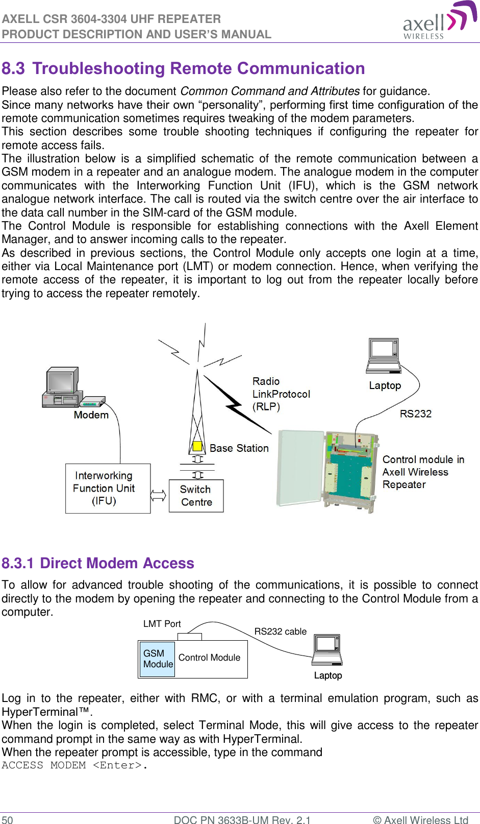 AXELL CSR 3604-3304 UHF REPEATER PRODUCT DESCRIPTION AND USER’S MANUAL  50  DOC PN 3633B-UM Rev. 2.1  © Axell Wireless Ltd  LaptopLaptopRS232 cableControl ModuleGSM ModuleLMT Port8.3 Troubleshooting Remote Communication Please also refer to the document Common Command and Attributes for guidance.  Since many networks have their own “personality”, performing first time configuration of the remote communication sometimes requires tweaking of the modem parameters. This  section  describes  some  trouble  shooting  techniques  if  configuring  the  repeater  for remote access fails.  The  illustration  below  is  a  simplified  schematic  of  the  remote  communication  between  a GSM modem in a repeater and an analogue modem. The analogue modem in the computer communicates  with  the  Interworking  Function  Unit  (IFU),  which  is  the  GSM  network analogue network interface. The call is routed via the switch centre over the air interface to the data call number in the SIM-card of the GSM module. The  Control  Module  is  responsible  for  establishing  connections  with  the  Axell  Element Manager, and to answer incoming calls to the repeater.  As  described  in  previous  sections,  the  Control  Module  only  accepts  one  login  at  a  time, either via Local Maintenance port (LMT) or modem connection. Hence, when verifying the remote  access  of  the  repeater,  it  is  important to  log  out from  the  repeater  locally  before trying to access the repeater remotely.                   8.3.1 Direct Modem Access To  allow  for  advanced  trouble  shooting  of  the  communications,  it  is  possible  to  connect directly to the modem by opening the repeater and connecting to the Control Module from a computer.     Log  in  to  the  repeater,  either  with  RMC,  or  with  a  terminal  emulation  program,  such  as HyperTerminal™.  When the  login is completed,  select Terminal Mode, this will give access to  the repeater command prompt in the same way as with HyperTerminal. When the repeater prompt is accessible, type in the command  ACCESS MODEM &lt;Enter&gt;.    