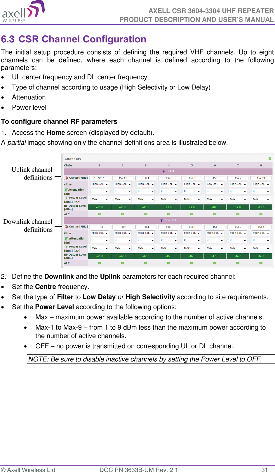  AXELL CSR 3604-3304 UHF REPEATER PRODUCT DESCRIPTION AND USER’S MANUAL  © Axell Wireless Ltd  DOC PN 3633B-UM Rev. 2.1  31 6.3 CSR Channel Configuration The  initial  setup  procedure  consists  of  defining  the  required  VHF  channels.  Up  to  eight channels  can  be  defined,  where  each  channel  is  defined  according  to  the  following parameters:   UL center frequency and DL center frequency   Type of channel according to usage (High Selectivity or Low Delay)   Attenuation   Power level To configure channel RF parameters 1.  Access the Home screen (displayed by default).  A partial image showing only the channel definitions area is illustrated below.  2.  Define the Downlink and the Uplink parameters for each required channel:   Set the Centre frequency.    Set the type of Filter to Low Delay or High Selectivity according to site requirements.   Set the Power Level according to the following options:   Max – maximum power available according to the number of active channels.    Max-1 to Max-9 – from 1 to 9 dBm less than the maximum power according to the number of active channels.   OFF – no power is transmitted on corresponding UL or DL channel.  NOTE: Be sure to disable inactive channels by setting the Power Level to OFF. Downlink channel definitions Uplink channel definitions  