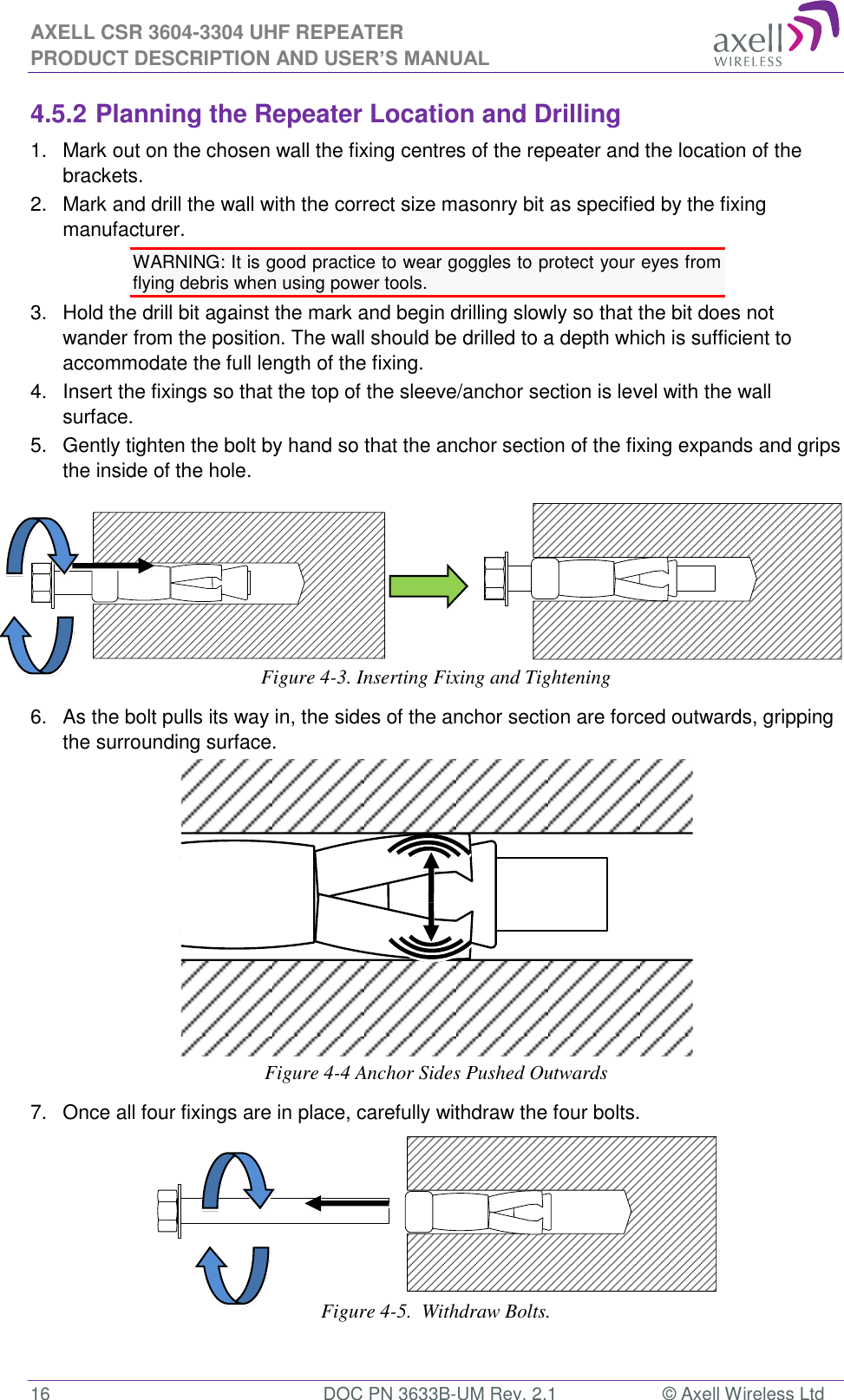 AXELL CSR 3604-3304 UHF REPEATER PRODUCT DESCRIPTION AND USER’S MANUAL  16  DOC PN 3633B-UM Rev. 2.1  © Axell Wireless Ltd  4.5.2 Planning the Repeater Location and Drilling 1.  Mark out on the chosen wall the fixing centres of the repeater and the location of the brackets. 2.   Mark and drill the wall with the correct size masonry bit as specified by the fixing manufacturer. WARNING: It is good practice to wear goggles to protect your eyes from flying debris when using power tools. 3.   Hold the drill bit against the mark and begin drilling slowly so that the bit does not wander from the position. The wall should be drilled to a depth which is sufficient to accommodate the full length of the fixing. 4.   Insert the fixings so that the top of the sleeve/anchor section is level with the wall surface.  5.   Gently tighten the bolt by hand so that the anchor section of the fixing expands and grips the inside of the hole.                    Figure 4-3. Inserting Fixing and Tightening 6.   As the bolt pulls its way in, the sides of the anchor section are forced outwards, gripping the surrounding surface.  Figure 4-4 Anchor Sides Pushed Outwards 7.   Once all four fixings are in place, carefully withdraw the four bolts.       Figure 4-5.  Withdraw Bolts. 