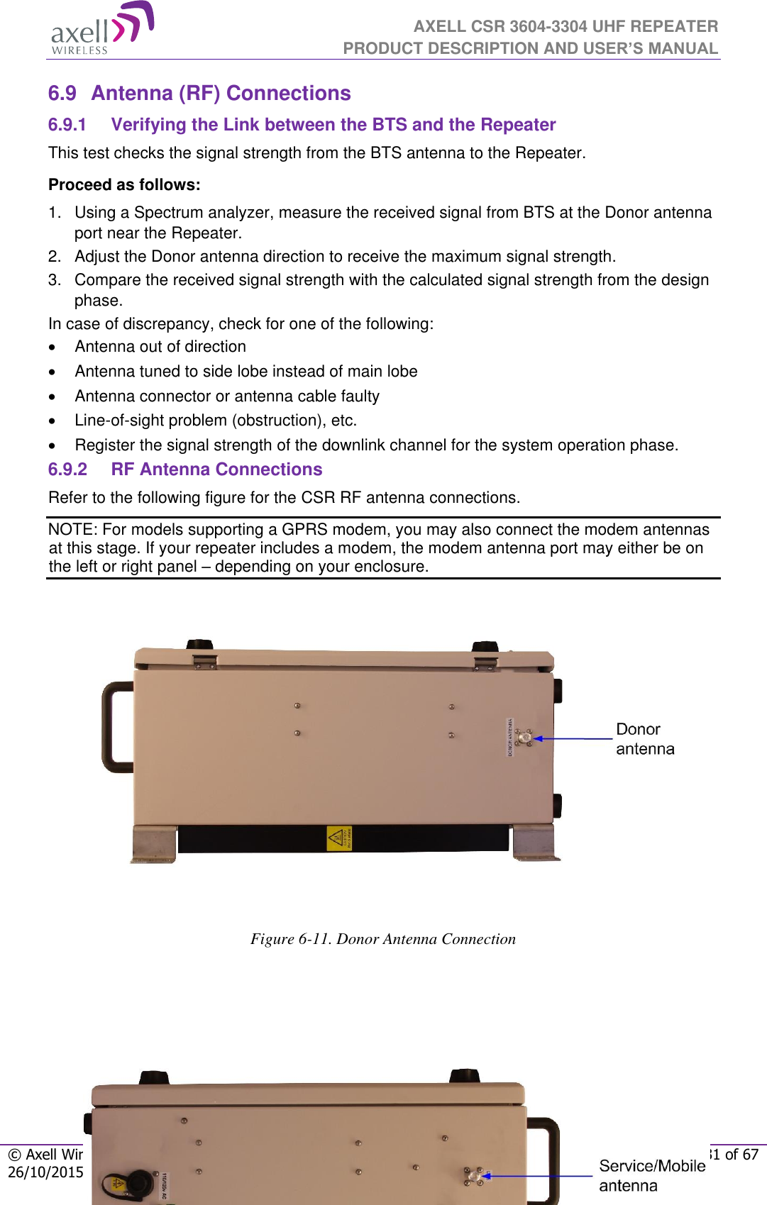  AXELL CSR 3604-3304 UHF REPEATER PRODUCT DESCRIPTION AND USER’S MANUAL  © Axell Wireless Ltd Document number: 3633B-UM Page 31 of 67 26/10/2015 Revision. 4   6.9  Antenna (RF) Connections 6.9.1  Verifying the Link between the BTS and the Repeater This test checks the signal strength from the BTS antenna to the Repeater.  Proceed as follows:  1.  Using a Spectrum analyzer, measure the received signal from BTS at the Donor antenna port near the Repeater.  2.  Adjust the Donor antenna direction to receive the maximum signal strength. 3.  Compare the received signal strength with the calculated signal strength from the design phase.  In case of discrepancy, check for one of the following:    Antenna out of direction    Antenna tuned to side lobe instead of main lobe    Antenna connector or antenna cable faulty   Line-of-sight problem (obstruction), etc.   Register the signal strength of the downlink channel for the system operation phase. 6.9.2  RF Antenna Connections Refer to the following figure for the CSR RF antenna connections.  NOTE: For models supporting a GPRS modem, you may also connect the modem antennas at this stage. If your repeater includes a modem, the modem antenna port may either be on the left or right panel – depending on your enclosure.                   Figure 6-11. Donor Antenna Connection      