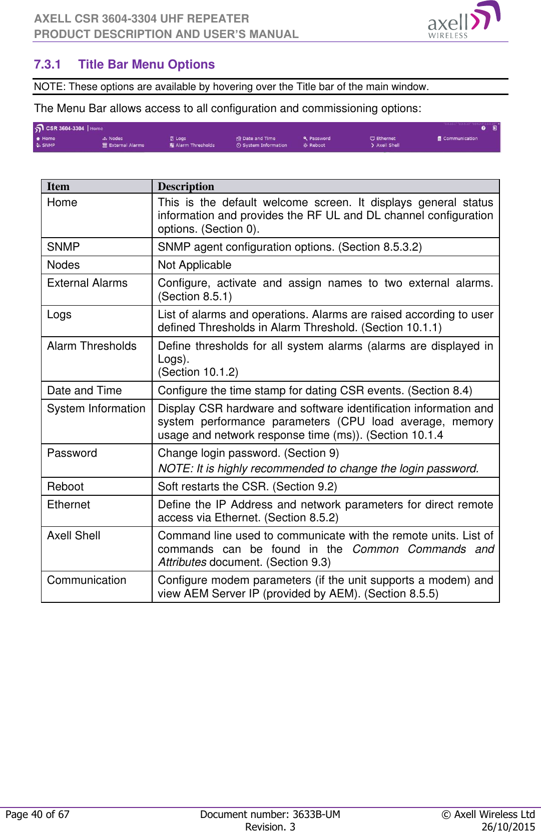 AXELL CSR 3604-3304 UHF REPEATER PRODUCT DESCRIPTION AND USER’S MANUAL  Page 40 of 67 Document number: 3633B-UM © Axell Wireless Ltd  Revision. 3 26/10/2015  7.3.1  Title Bar Menu Options NOTE: These options are available by hovering over the Title bar of the main window. The Menu Bar allows access to all configuration and commissioning options:           Item Description Home This  is  the  default  welcome  screen.  It  displays  general  status information and provides the RF UL and DL channel configuration options. (Section 0). SNMP SNMP agent configuration options. (Section 8.5.3.2) Nodes Not Applicable External Alarms Configure,  activate  and  assign  names  to  two  external  alarms. (Section 8.5.1) Logs List of alarms and operations. Alarms are raised according to user defined Thresholds in Alarm Threshold. (Section 10.1.1) Alarm Thresholds Define thresholds for all system alarms (alarms are displayed in Logs). (Section 10.1.2) Date and Time Configure the time stamp for dating CSR events. (Section 8.4) System Information Display CSR hardware and software identification information and system  performance  parameters  (CPU  load  average,  memory usage and network response time (ms)). (Section 10.1.4 Password Change login password. (Section 9) NOTE: It is highly recommended to change the login password. Reboot Soft restarts the CSR. (Section 9.2) Ethernet Define the IP Address and network parameters for direct remote access via Ethernet. (Section 8.5.2) Axell Shell Command line used to communicate with the remote units. List of commands  can  be  found  in  the  Common  Commands  and Attributes document. (Section 9.3) Communication Configure modem parameters (if the unit supports a modem) and view AEM Server IP (provided by AEM). (Section 8.5.5) 