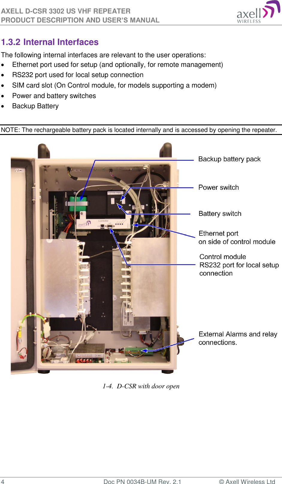 AXELL D-CSR 3302 US VHF REPEATER PRODUCT DESCRIPTION AND USER’S MANUAL  4  Doc PN 0034B-UM Rev. 2.1  © Axell Wireless Ltd 1.3.2 Internal Interfaces The following internal interfaces are relevant to the user operations:   Ethernet port used for setup (and optionally, for remote management)   RS232 port used for local setup connection   SIM card slot (On Control module, for models supporting a modem)   Power and battery switches   Backup Battery  NOTE: The rechargeable battery pack is located internally and is accessed by opening the repeater.                      1-4.  D-CSR with door open 