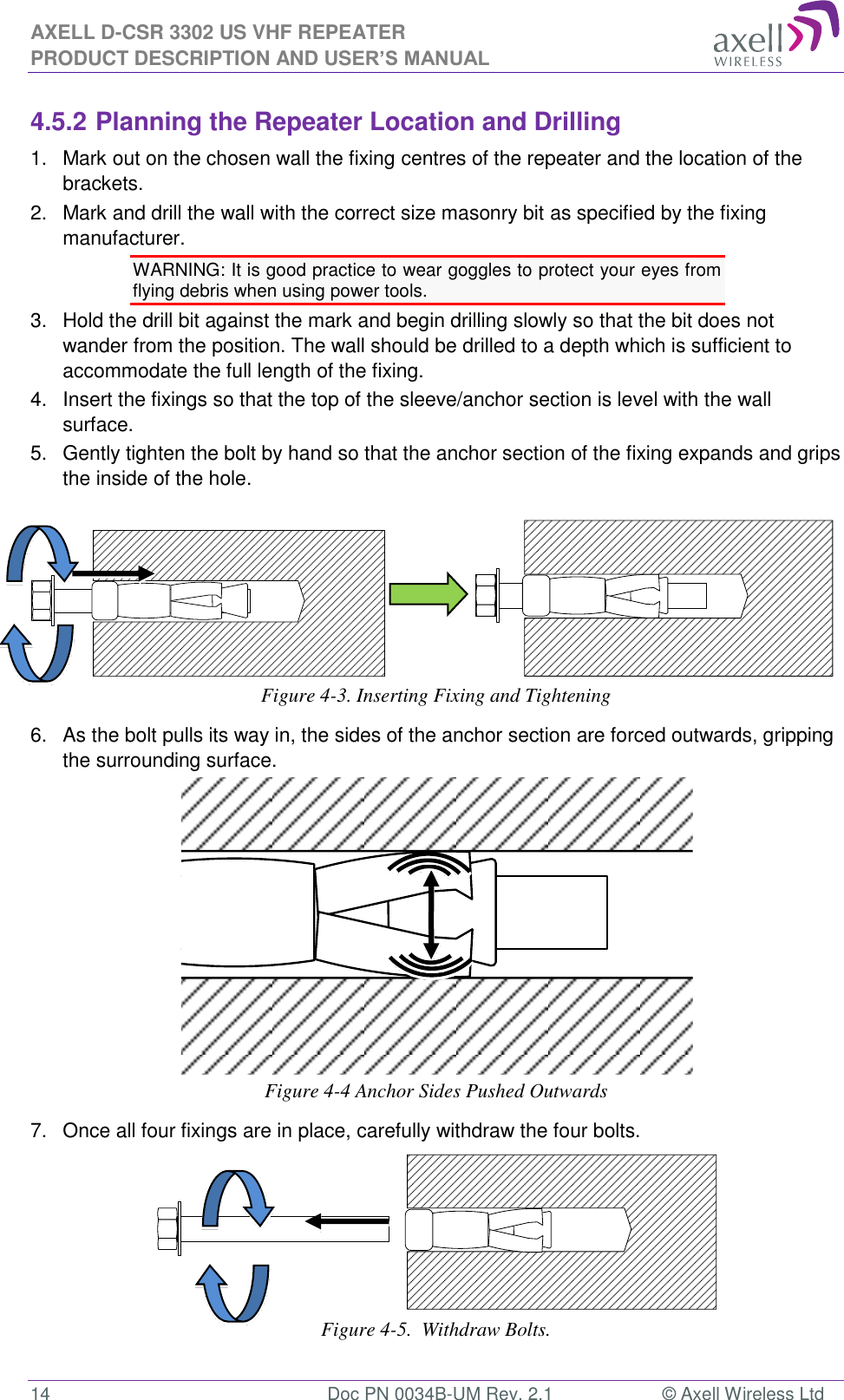 AXELL D-CSR 3302 US VHF REPEATER PRODUCT DESCRIPTION AND USER’S MANUAL  14  Doc PN 0034B-UM Rev. 2.1  © Axell Wireless Ltd 4.5.2 Planning the Repeater Location and Drilling 1.  Mark out on the chosen wall the fixing centres of the repeater and the location of the brackets. 2.   Mark and drill the wall with the correct size masonry bit as specified by the fixing manufacturer. WARNING: It is good practice to wear goggles to protect your eyes from flying debris when using power tools. 3.   Hold the drill bit against the mark and begin drilling slowly so that the bit does not wander from the position. The wall should be drilled to a depth which is sufficient to accommodate the full length of the fixing. 4.   Insert the fixings so that the top of the sleeve/anchor section is level with the wall surface.  5.   Gently tighten the bolt by hand so that the anchor section of the fixing expands and grips the inside of the hole.                     Figure 4-3. Inserting Fixing and Tightening 6.   As the bolt pulls its way in, the sides of the anchor section are forced outwards, gripping the surrounding surface.  Figure 4-4 Anchor Sides Pushed Outwards 7.   Once all four fixings are in place, carefully withdraw the four bolts.       Figure 4-5.  Withdraw Bolts. 