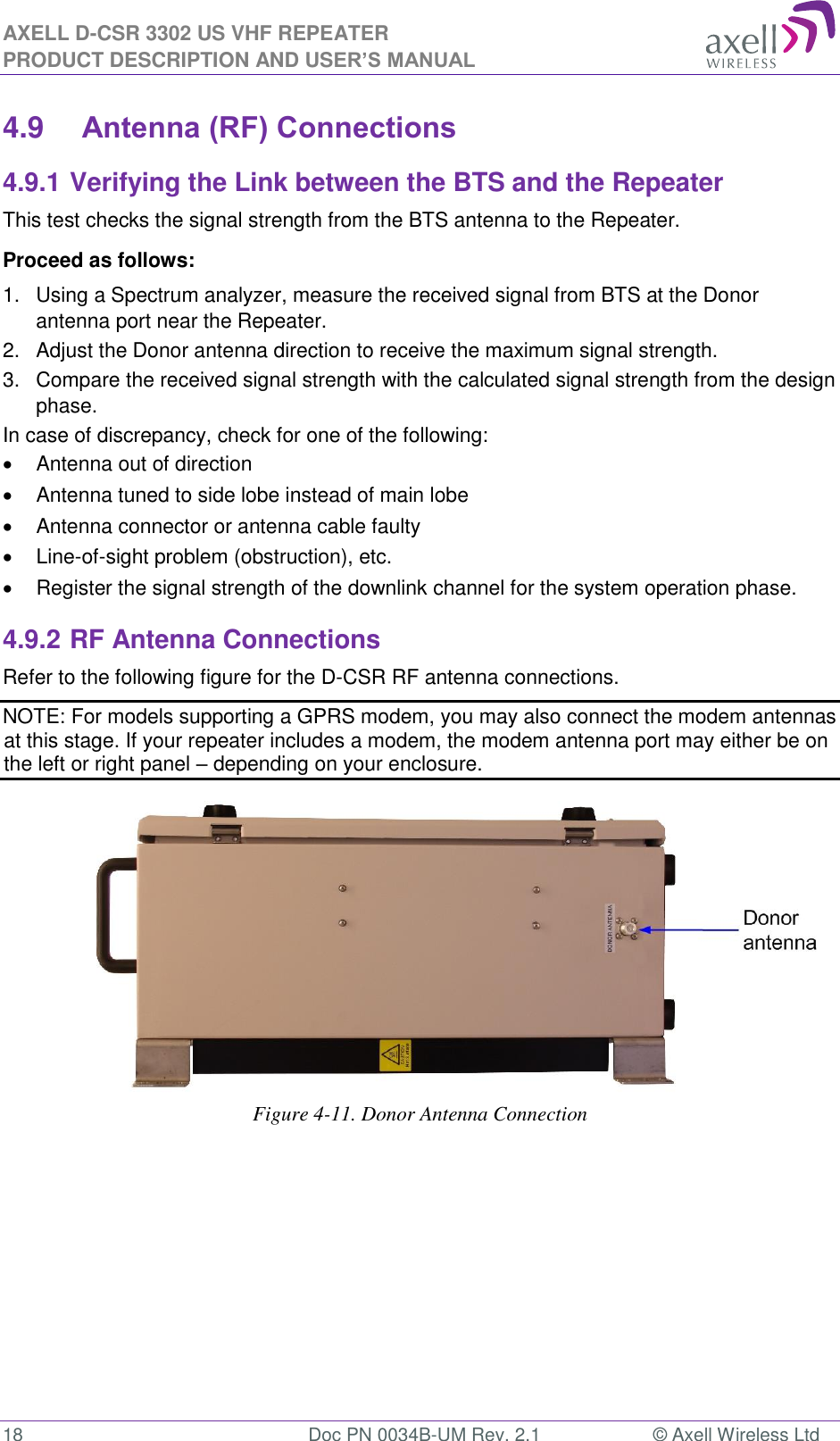 AXELL D-CSR 3302 US VHF REPEATER PRODUCT DESCRIPTION AND USER’S MANUAL  18  Doc PN 0034B-UM Rev. 2.1  © Axell Wireless Ltd 4.9 Antenna (RF) Connections 4.9.1 Verifying the Link between the BTS and the Repeater This test checks the signal strength from the BTS antenna to the Repeater.  Proceed as follows:  1.  Using a Spectrum analyzer, measure the received signal from BTS at the Donor antenna port near the Repeater.  2.  Adjust the Donor antenna direction to receive the maximum signal strength. 3.  Compare the received signal strength with the calculated signal strength from the design phase.  In case of discrepancy, check for one of the following:    Antenna out of direction    Antenna tuned to side lobe instead of main lobe    Antenna connector or antenna cable faulty    Line-of-sight problem (obstruction), etc.   Register the signal strength of the downlink channel for the system operation phase. 4.9.2 RF Antenna Connections Refer to the following figure for the D-CSR RF antenna connections.  NOTE: For models supporting a GPRS modem, you may also connect the modem antennas at this stage. If your repeater includes a modem, the modem antenna port may either be on the left or right panel – depending on your enclosure.              Figure 4-11. Donor Antenna Connection        