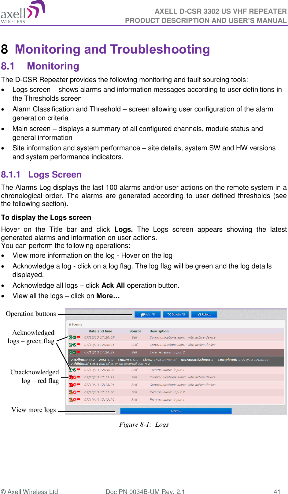 AXELL D-CSR 3302 US VHF REPEATER PRODUCT DESCRIPTION AND USER’S MANUAL  © Axell Wireless Ltd  Doc PN 0034B-UM Rev. 2.1  41 8  Monitoring and Troubleshooting 8.1 Monitoring The D-CSR Repeater provides the following monitoring and fault sourcing tools:   Logs screen – shows alarms and information messages according to user definitions in the Thresholds screen   Alarm Classification and Threshold – screen allowing user configuration of the alarm generation criteria   Main screen – displays a summary of all configured channels, module status and general information   Site information and system performance – site details, system SW and HW versions and system performance indicators. 8.1.1  Logs Screen  The Alarms Log displays the last 100 alarms and/or user actions on the remote system in a chronological order. The alarms  are generated according to  user defined thresholds (see the following section). To display the Logs screen Hover  on  the  Title  bar  and  click  Logs.  The  Logs  screen  appears  showing  the  latest generated alarms and information on user actions.  You can perform the following operations:   View more information on the log - Hover on the log   Acknowledge a log - click on a log flag. The log flag will be green and the log details displayed.   Acknowledge all logs – click Ack All operation button.   View all the logs – click on More…  Figure 8-1:  Logs   Operation buttons Acknowledged logs – green flag Unacknowledged log – red flag View more logs 