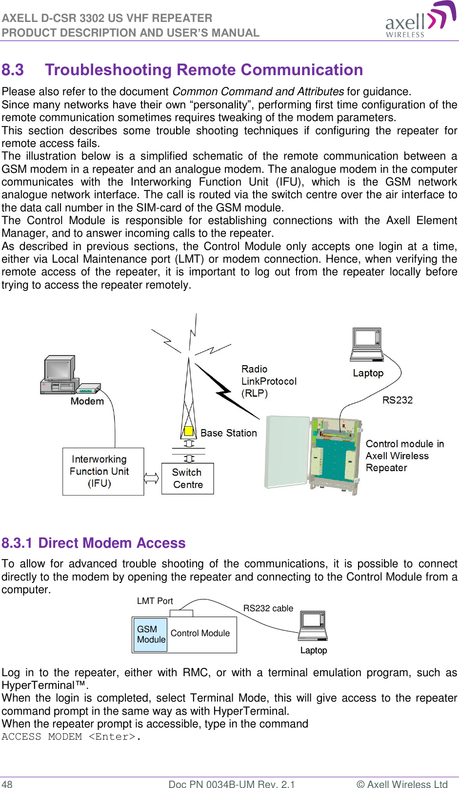 AXELL D-CSR 3302 US VHF REPEATER PRODUCT DESCRIPTION AND USER’S MANUAL  48  Doc PN 0034B-UM Rev. 2.1  © Axell Wireless Ltd LaptopLaptopRS232 cableControl ModuleGSM ModuleLMT Port8.3 Troubleshooting Remote Communication Please also refer to the document Common Command and Attributes for guidance.  Since many networks have their own “personality”, performing first time configuration of the remote communication sometimes requires tweaking of the modem parameters. This  section  describes  some  trouble  shooting  techniques  if  configuring  the  repeater  for remote access fails.  The  illustration  below  is  a  simplified  schematic  of  the  remote  communication  between  a GSM modem in a repeater and an analogue modem. The analogue modem in the computer communicates  with  the  Interworking  Function  Unit  (IFU),  which  is  the  GSM  network analogue network interface. The call is routed via the switch centre over the air interface to the data call number in the SIM-card of the GSM module. The  Control  Module  is  responsible  for  establishing  connections  with  the  Axell  Element Manager, and to answer incoming calls to the repeater.  As  described  in previous  sections,  the  Control Module  only  accepts  one  login  at  a  time, either via Local Maintenance port (LMT) or modem connection. Hence, when verifying the remote  access of  the  repeater, it is important to log  out from  the  repeater  locally before trying to access the repeater remotely.                   8.3.1 Direct Modem Access To  allow  for  advanced  trouble  shooting  of  the  communications,  it  is  possible  to  connect directly to the modem by opening the repeater and connecting to the Control Module from a computer.     Log  in  to  the  repeater,  either  with  RMC,  or  with  a  terminal  emulation  program,  such  as HyperTerminal™.  When the  login is  completed, select Terminal Mode, this will give access to the repeater command prompt in the same way as with HyperTerminal. When the repeater prompt is accessible, type in the command  ACCESS MODEM &lt;Enter&gt;.    