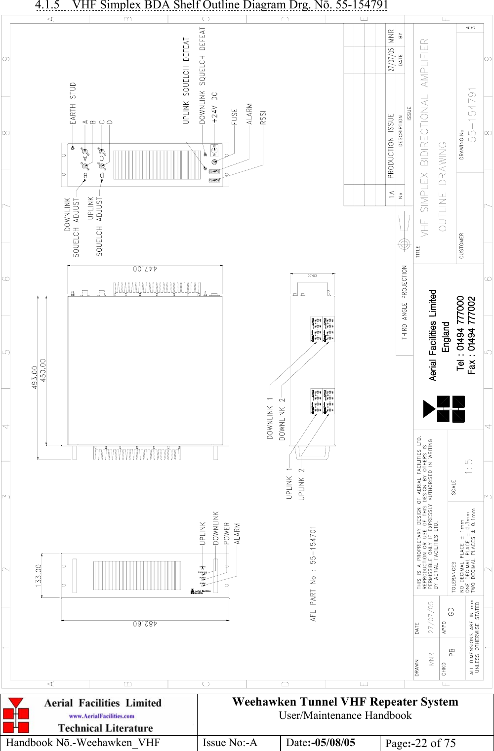  Weehawken Tunnel VHF Repeater System User/Maintenance Handbook Handbook N.-Weehawken_VHF Issue No:-A Date:-05/08/05  Page:-22 of 75  4.1.5  VHF Simplex BDA Shelf Outline Diagram Drg. N. 55-154791  