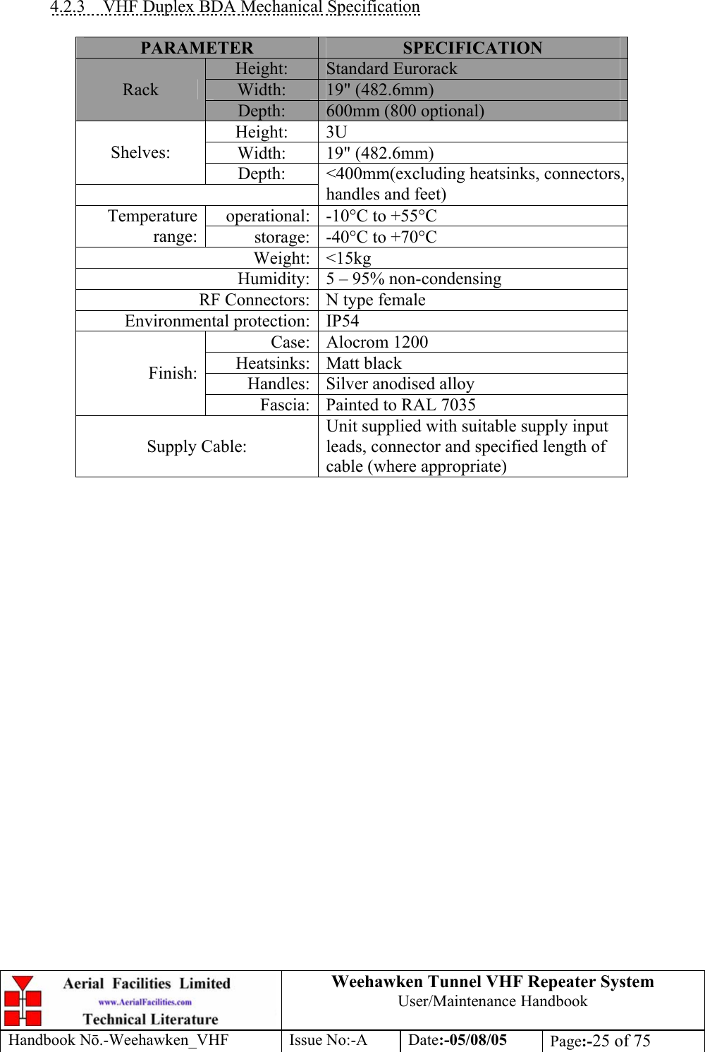  Weehawken Tunnel VHF Repeater System User/Maintenance Handbook Handbook N.-Weehawken_VHF Issue No:-A Date:-05/08/05  Page:-25 of 75   4.2.3  VHF Duplex BDA Mechanical Specification  PARAMETER  SPECIFICATION Height:  Standard Eurorack Width:  19&quot; (482.6mm) Rack Depth:  600mm (800 optional) Height: 3U Width: 19&quot; (482.6mm) Shelves: Depth:  &lt;400mm(excluding heatsinks, connectors, handles and feet) operational: -10°C to +55°C Temperature range:  storage: -40°C to +70°C Weight: &lt;15kg Humidity: 5 – 95% non-condensing RF Connectors: N type female Environmental protection: IP54 Case: Alocrom 1200 Heatsinks: Matt black Handles: Silver anodised alloy Finish: Fascia: Painted to RAL 7035 Supply Cable: Unit supplied with suitable supply input leads, connector and specified length of cable (where appropriate)      