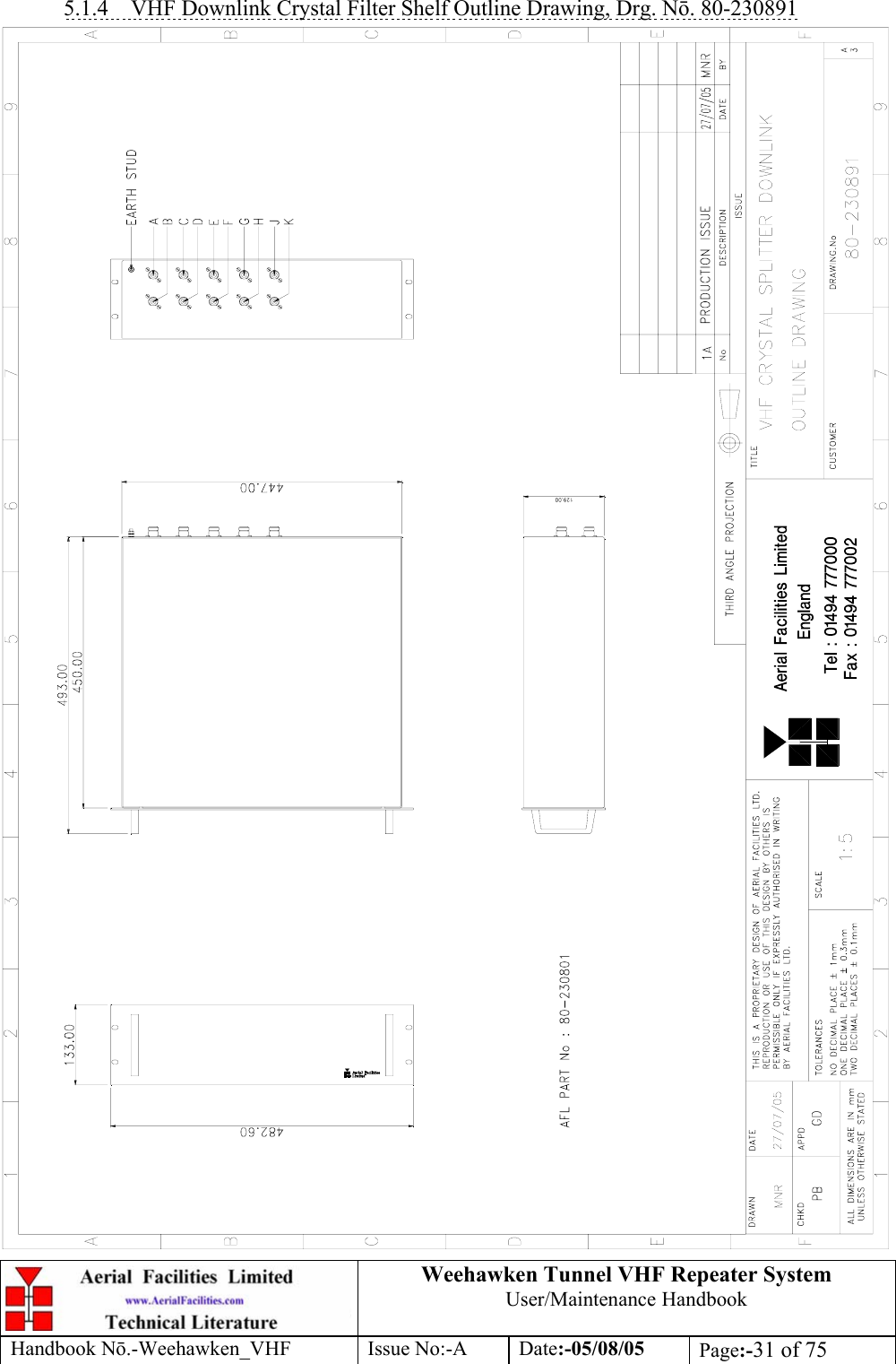  Weehawken Tunnel VHF Repeater System User/Maintenance Handbook Handbook N.-Weehawken_VHF Issue No:-A Date:-05/08/05  Page:-31 of 75  5.1.4 VHF Downlink Crystal Filter Shelf Outline Drawing, Drg. N. 80-230891  