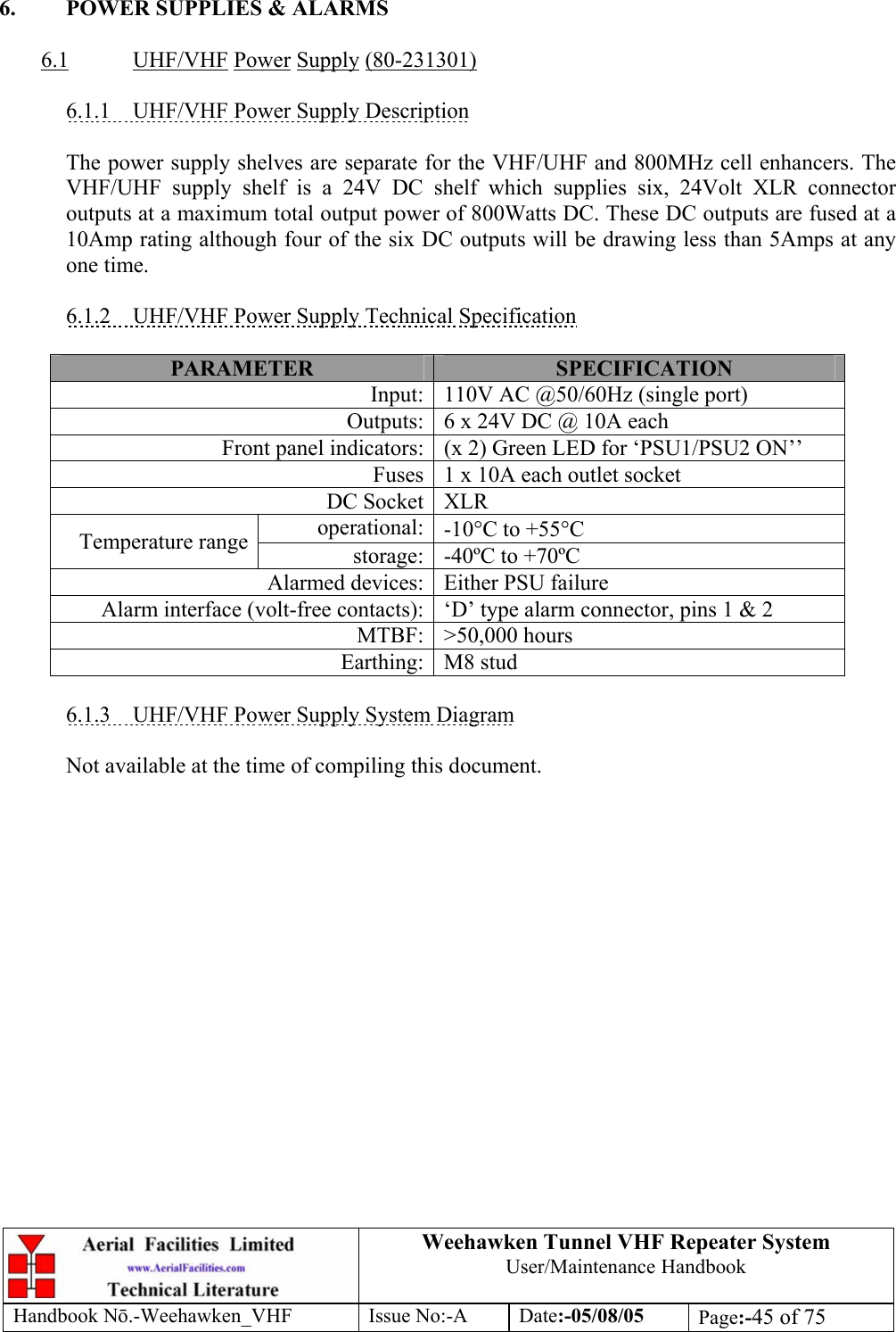  Weehawken Tunnel VHF Repeater System User/Maintenance Handbook Handbook N.-Weehawken_VHF Issue No:-A Date:-05/08/05  Page:-45 of 75   6.  POWER SUPPLIES &amp; ALARMS  6.1 UHF/VHF Power Supply (80-231301)  6.1.1  UHF/VHF Power Supply Description  The power supply shelves are separate for the VHF/UHF and 800MHz cell enhancers. The VHF/UHF supply shelf is a 24V DC shelf which supplies six, 24Volt XLR connector outputs at a maximum total output power of 800Watts DC. These DC outputs are fused at a 10Amp rating although four of the six DC outputs will be drawing less than 5Amps at any one time.  6.1.2  UHF/VHF Power Supply Technical Specification  PARAMETER  SPECIFICATION Input: 110V AC @50/60Hz (single port) Outputs: 6 x 24V DC @ 10A each Front panel indicators: (x 2) Green LED for ‘PSU1/PSU2 ON’’ Fuses 1 x 10A each outlet socket DC Socket XLR operational: -10°C to +55°C Temperature range  storage: -40ºC to +70ºC Alarmed devices: Either PSU failure Alarm interface (volt-free contacts): ‘D’ type alarm connector, pins 1 &amp; 2 MTBF: &gt;50,000 hours Earthing: M8 stud  6.1.3  UHF/VHF Power Supply System Diagram    Not available at the time of compiling this document.  