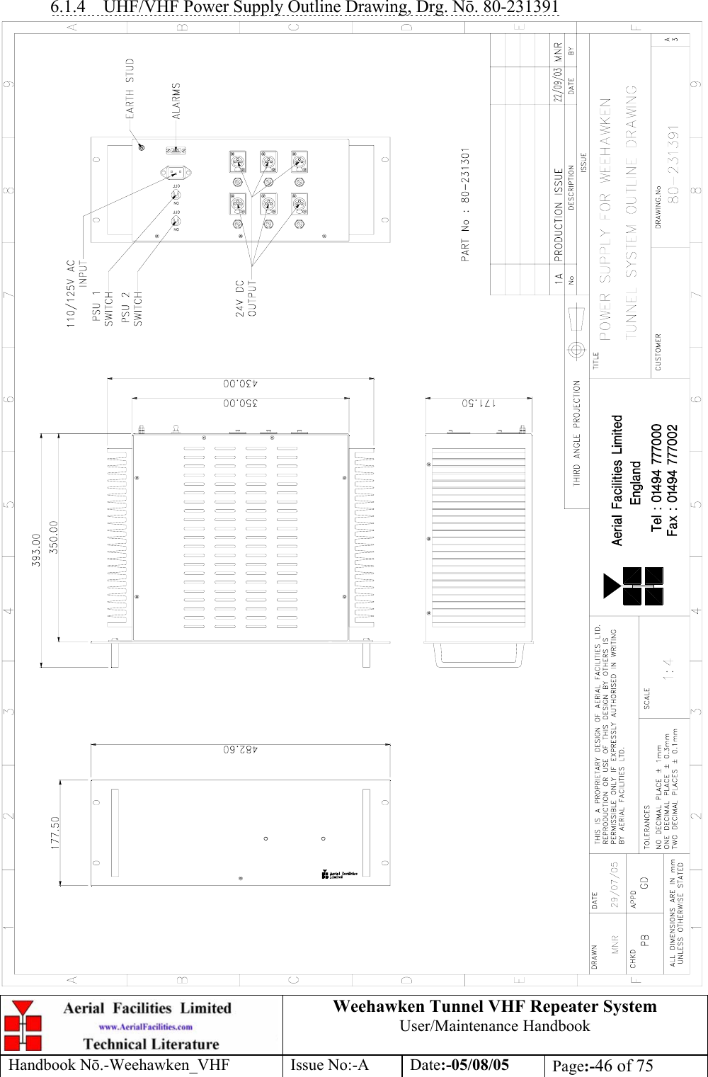  Weehawken Tunnel VHF Repeater System User/Maintenance Handbook Handbook N.-Weehawken_VHF Issue No:-A Date:-05/08/05  Page:-46 of 75  6.1.4  UHF/VHF Power Supply Outline Drawing, Drg. N. 80-231391  