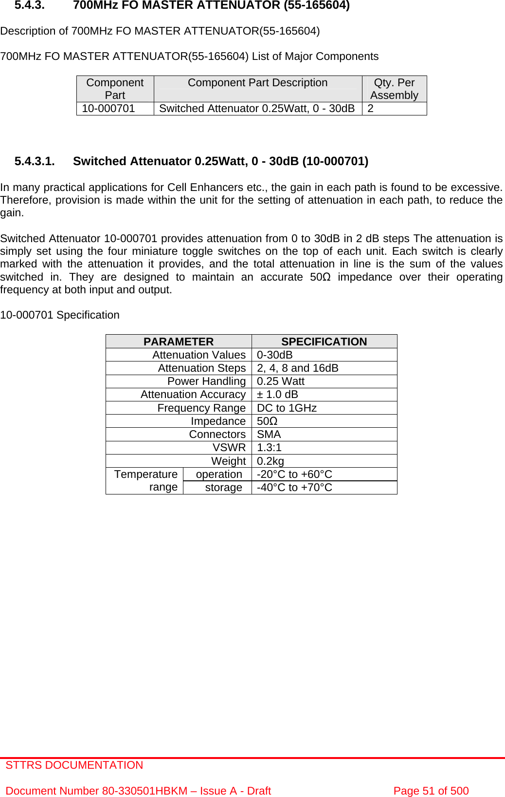 STTRS DOCUMENTATION  Document Number 80-330501HBKM – Issue A - Draft  Page 51 of 500   5.4.3.  700MHz FO MASTER ATTENUATOR (55-165604)  Description of 700MHz FO MASTER ATTENUATOR(55-165604)  700MHz FO MASTER ATTENUATOR(55-165604) List of Major Components  Component Part  Component Part Description  Qty. Per Assembly 10-000701  Switched Attenuator 0.25Watt, 0 - 30dB  2    5.4.3.1. Switched Attenuator 0.25Watt, 0 - 30dB (10-000701)  In many practical applications for Cell Enhancers etc., the gain in each path is found to be excessive. Therefore, provision is made within the unit for the setting of attenuation in each path, to reduce the gain.  Switched Attenuator 10-000701 provides attenuation from 0 to 30dB in 2 dB steps The attenuation is simply set using the four miniature toggle switches on the top of each unit. Each switch is clearly marked with the attenuation it provides, and the total attenuation in line is the sum of the values switched in. They are designed to maintain an accurate 50 impedance over their operating frequency at both input and output.  10-000701 Specification  PARAMETER  SPECIFICATION Attenuation Values 0-30dB Attenuation Steps 2, 4, 8 and 16dB Power Handling 0.25 Watt Attenuation Accuracy ± 1.0 dB Frequency Range DC to 1GHz Impedance 50 Connectors SMA VSWR 1.3:1 Weight 0.2kg operation  -20°C to +60°C Temperature range  storage  -40°C to +70°C        