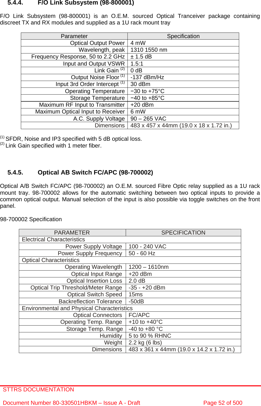 STTRS DOCUMENTATION  Document Number 80-330501HBKM – Issue A - Draft  Page 52 of 500    5.4.4.  F/O Link Subsystem (98-800001)  F/O Link Subsystem (98-800001) is an O.E.M. sourced Optical Tranceiver package containing discreet TX and RX modules and supplied as a 1U rack mount tray   Parameter  Specification Optical Output Power 4 mW Wavelength, peak 1310 1550 nm  Frequency Response, 50 to 2.2 GHz ± 1.5 dB Input and Output VSWR 1.5:1  Link Gain (2) 0 dB Output Noise Floor (1) -137 dBm/Hz Input 3rd Order Intercept (1) 30 dBm Operating Temperature  30 to +75°C Storage Temperature 40 to +85°C Maximum RF Input to Transmitter +20 dBm Maximum Optical Input to Receiver 6 mW A.C. Supply Voltage 90 – 265 VAC Dimensions 483 x 457 x 44mm (19.0 x 18 x 1.72 in.)  (1) SFDR, Noise and IP3 specified with 5 dB optical loss. (2) Link Gain specified with 1 meter fiber.    5.4.5.  Optical AB Switch FC/APC (98-700002)   Optical A/B Switch FC/APC (98-700002) an O.E.M. sourced Fibre Optic relay supplied as a 1U rack mount tray. 98-700002 allows for the automatic switching between two optical inputs to provide a common optical output. Manual selection of the input is also possible via toggle switches on the front panel.  98-700002 Specification   PARAMETER  SPECIFICATION Electrical Characteristics Power Supply Voltage  100 - 240 VAC Power Supply Frequency 50 - 60 Hz Optical Characteristics Operating Wavelength  1200 – 1610nm Optical Input Range  +20 dBm Optical Insertion Loss  2.0 dB Optical Trip Threshold/Meter Range  -35 - +20 dBm Optical Switch Speed  15ms Backreflection Tolerance  -50dB Environmental and Physical Characteristics Optical Connectors  FC/APC Operating Temp. Range  +10 to +40°C Storage Temp. Range  -40 to +80 °C   Humidity  5 to 90 % RHNC Weight  2.2 kg (6 lbs) Dimensions  483 x 361 x 44mm (19.0 x 14.2 x 1.72 in.)  