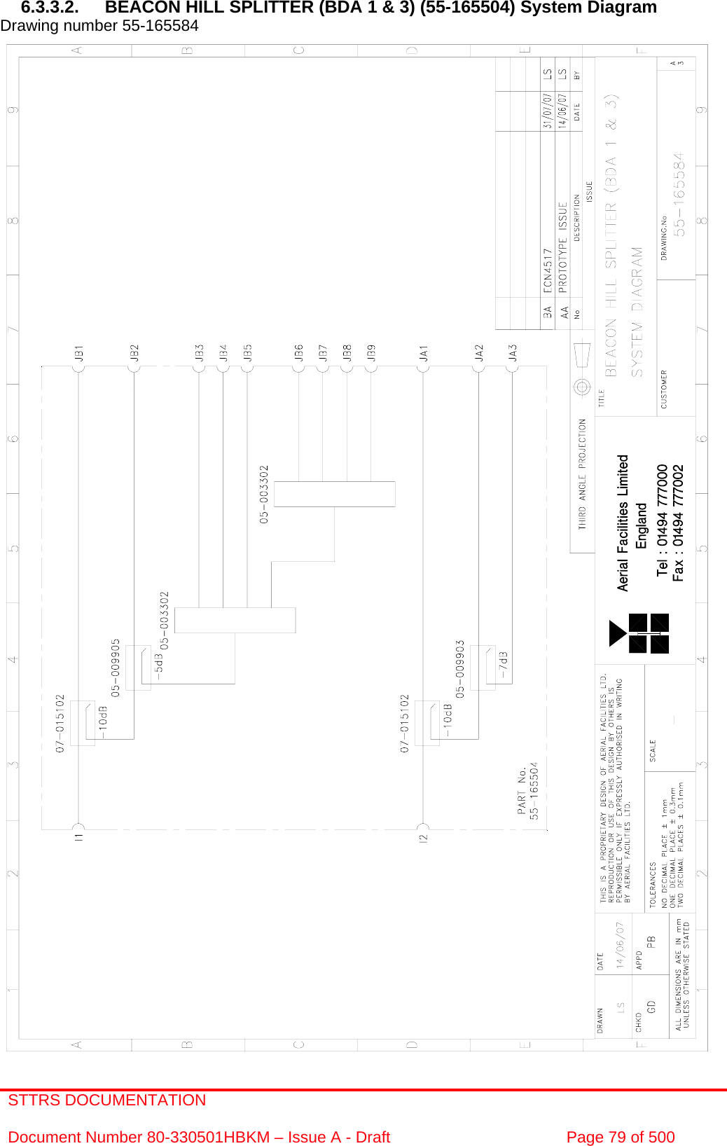 STTRS DOCUMENTATION  Document Number 80-330501HBKM – Issue A - Draft  Page 79 of 500   6.3.3.2.  BEACON HILL SPLITTER (BDA 1 &amp; 3) (55-165504) System Diagram  Drawing number 55-165584                                                      