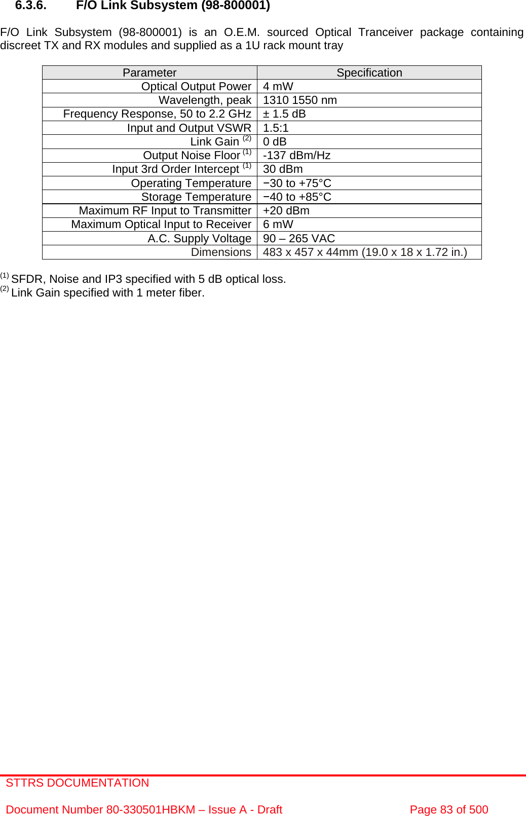 STTRS DOCUMENTATION  Document Number 80-330501HBKM – Issue A - Draft  Page 83 of 500    6.3.6.  F/O Link Subsystem (98-800001)  F/O Link Subsystem (98-800001) is an O.E.M. sourced Optical Tranceiver package containing discreet TX and RX modules and supplied as a 1U rack mount tray   Parameter  Specification Optical Output Power 4 mW Wavelength, peak 1310 1550 nm  Frequency Response, 50 to 2.2 GHz ± 1.5 dB Input and Output VSWR 1.5:1  Link Gain (2) 0 dB Output Noise Floor (1) -137 dBm/Hz Input 3rd Order Intercept (1) 30 dBm Operating Temperature  30 to +75°C Storage Temperature 40 to +85°C Maximum RF Input to Transmitter +20 dBm Maximum Optical Input to Receiver 6 mW A.C. Supply Voltage 90 – 265 VAC Dimensions 483 x 457 x 44mm (19.0 x 18 x 1.72 in.)  (1) SFDR, Noise and IP3 specified with 5 dB optical loss. (2) Link Gain specified with 1 meter fiber.                     