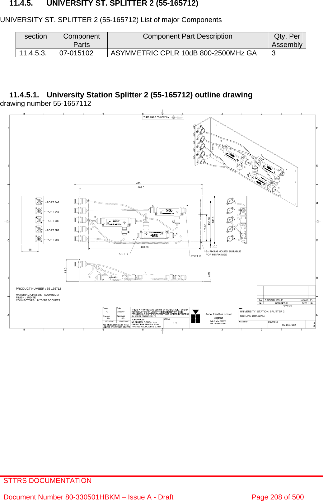 STTRS DOCUMENTATION  Document Number 80-330501HBKM – Issue A - Draft  Page 208 of 500  UNIVERSITY  STATION. SPLITTER 220/09/0755-1657112PB18/10/2007GD18/10/20071:2OUTLINE DRAWINGPL100.00150.00420.00483463.065 5x FIXING HOLES SUITABLEFOR M5 FIXINGS180.0PORT JA2PORT JA1PORT JB3PORT JB2PORT JB1PORT I1 PORT I23.00PRODUCT NUMBER : 55-165712MATERIAL: CHASSIS - ALUMINIUMFINISH : IRIDITECONNECTORS : &apos;N&apos; TYPE SOCKETS83.010.0AA ORIGINAL ISSUE PL  11.4.5. UNIVERSITY ST. SPLITTER 2 (55-165712)  UNIVERSITY ST. SPLITTER 2 (55-165712) List of major Components  section  Component Parts  Component Part Description  Qty. Per Assembly11.4.5.3.  07-015102  ASYMMETRIC CPLR 10dB 800-2500MHz GA  3     11.4.5.1.  University Station Splitter 2 (55-165712) outline drawing  drawing number 55-1657112                                           