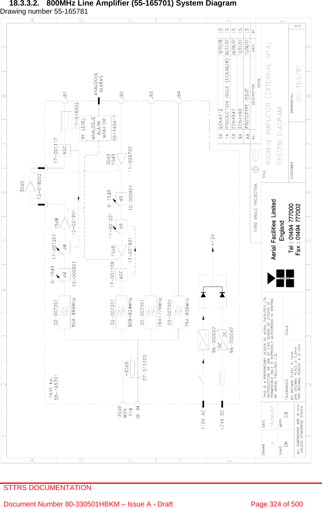 STTRS DOCUMENTATION  Document Number 80-330501HBKM – Issue A - Draft  Page 324 of 500   18.3.3.2.  800MHz Line Amplifier (55-165701) System Diagram  Drawing number 55-165781                                                        