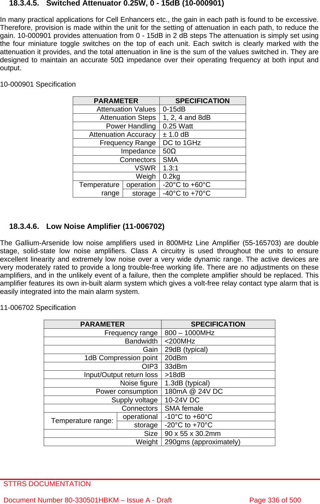 STTRS DOCUMENTATION  Document Number 80-330501HBKM – Issue A - Draft  Page 336 of 500   18.3.4.5. Switched Attenuator 0.25W, 0 - 15dB (10-000901)  In many practical applications for Cell Enhancers etc., the gain in each path is found to be excessive. Therefore, provision is made within the unit for the setting of attenuation in each path, to reduce the gain. 10-000901 provides attenuation from 0 - 15dB in 2 dB steps The attenuation is simply set using the four miniature toggle switches on the top of each unit. Each switch is clearly marked with the attenuation it provides, and the total attenuation in line is the sum of the values switched in. They are designed to maintain an accurate 50Ω impedance over their operating frequency at both input and output.  10-000901 Specification  PARAMETER  SPECIFICATION Attenuation Values 0-15dB Attenuation Steps 1, 2, 4 and 8dB Power Handling 0.25 Watt Attenuation Accuracy ± 1.0 dB Frequency Range DC to 1GHz Impedance 50Ω Connectors SMA VSWR 1.3:1 Weigh 0.2kg operation -20°C to +60°C Temperature range  storage -40°C to +70°C    18.3.4.6.  Low Noise Amplifier (11-006702)  The Gallium-Arsenide low noise amplifiers used in 800MHz Line Amplifier (55-165703) are double stage, solid-state low noise amplifiers. Class A circuitry is used throughout the units to ensure excellent linearity and extremely low noise over a very wide dynamic range. The active devices are very moderately rated to provide a long trouble-free working life. There are no adjustments on these amplifiers, and in the unlikely event of a failure, then the complete amplifier should be replaced. This amplifier features its own in-built alarm system which gives a volt-free relay contact type alarm that is easily integrated into the main alarm system.  11-006702 Specification  PARAMETER  SPECIFICATION Frequency range 800 – 1000MHz Bandwidth &lt;200MHz Gain 29dB (typical) 1dB Compression point 20dBm OIP3 33dBm Input/Output return loss &gt;18dB Noise figure 1.3dB (typical) Power consumption 180mA @ 24V DC Supply voltage 10-24V DC Connectors SMA female operational -10°C to +60°C Temperature range:  storage -20°C to +70°C Size 90 x 55 x 30.2mm Weight 290gms (approximately)  