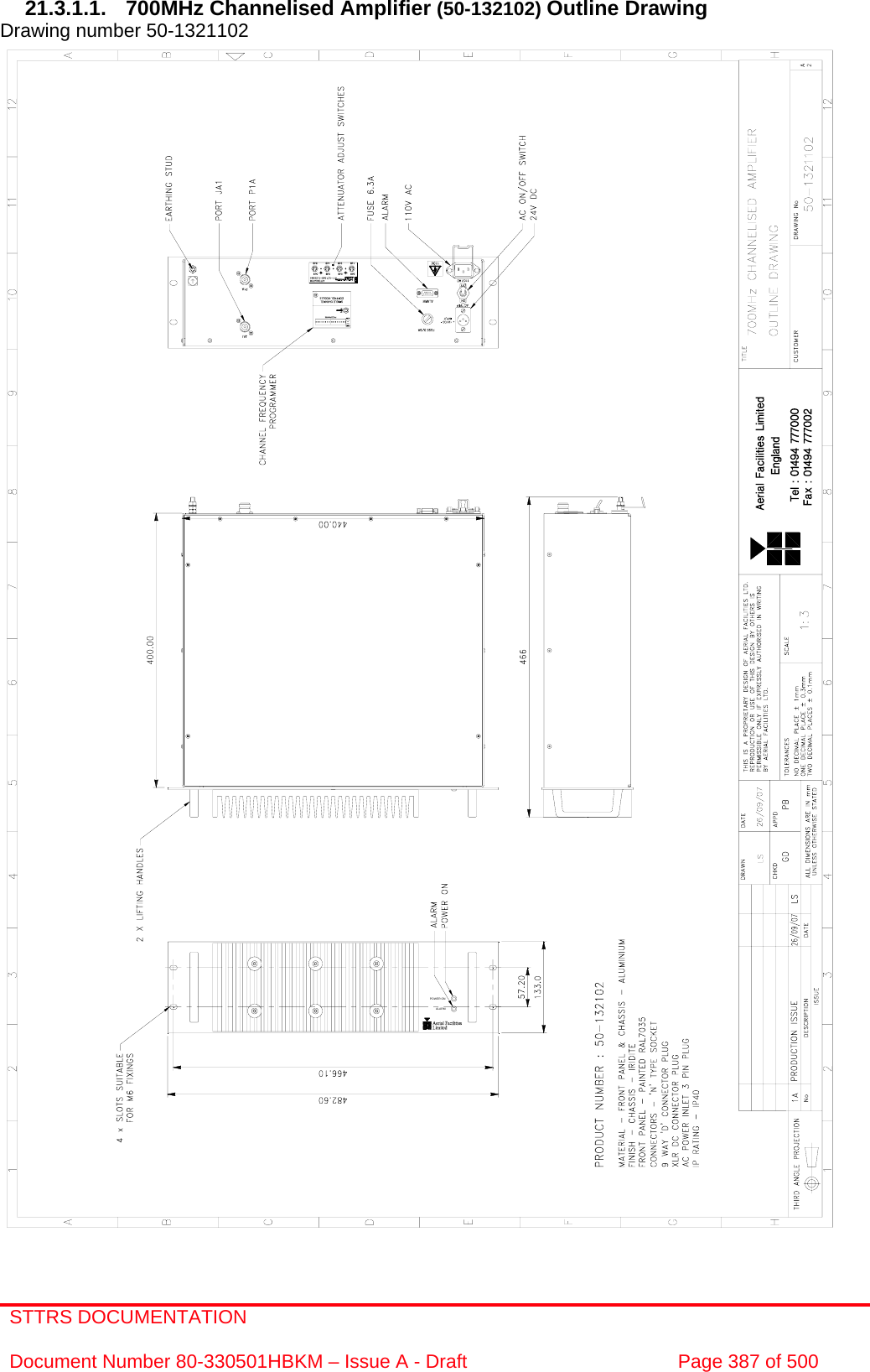 STTRS DOCUMENTATION  Document Number 80-330501HBKM – Issue A - Draft  Page 387 of 500  POWER ONALARM 21.3.1.1.  700MHz Channelised Amplifier (50-132102) Outline Drawing Drawing number 50-1321102                                                        