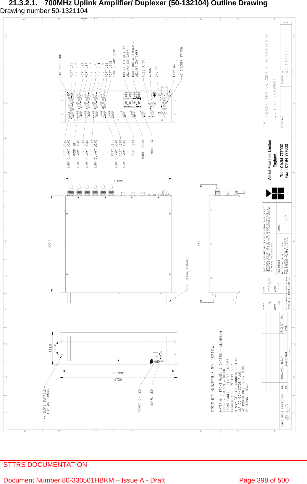 STTRS DOCUMENTATION  Document Number 80-330501HBKM – Issue A - Draft  Page 398 of 500  POWER ONALARM 21.3.2.1.  700MHz Uplink Amplifier/ Duplexer (50-132104) Outline Drawing Drawing number 50-1321104                                                      