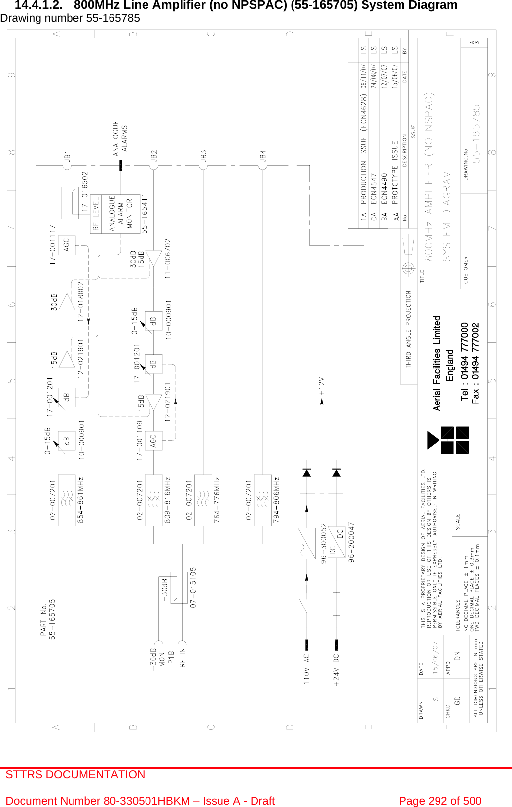 STTRS DOCUMENTATION  Document Number 80-330501HBKM – Issue A - Draft  Page 292 of 500   14.4.1.2.  800MHz Line Amplifier (no NPSPAC) (55-165705) System Diagram  Drawing number 55-165785                                           