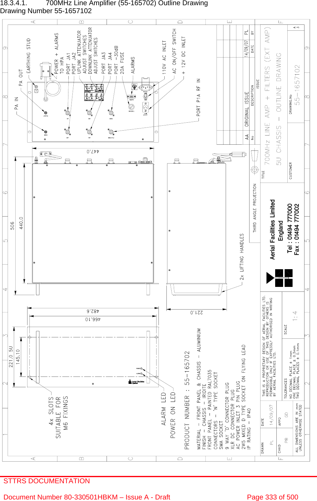 STTRS DOCUMENTATION  Document Number 80-330501HBKM – Issue A - Draft  Page 333 of 500   18.3.4.1.  700MHz Line Amplifier (55-165702) Outline Drawing  Drawing Number 55-1657102                                              