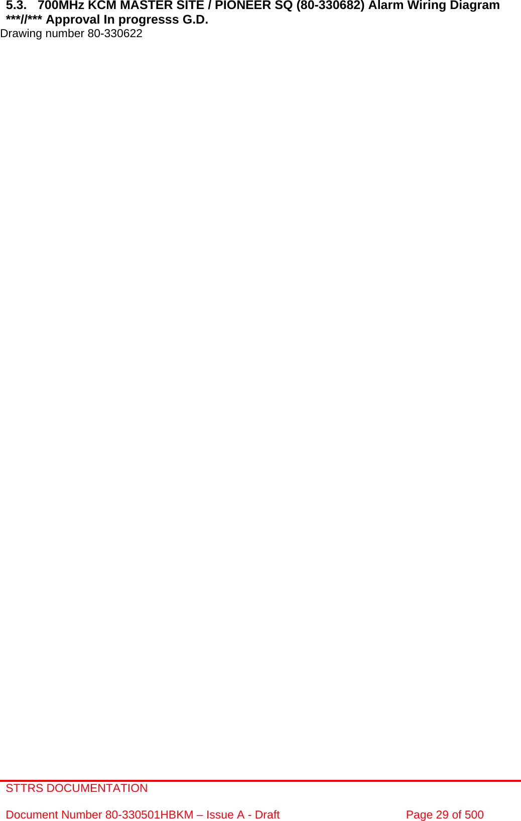 STTRS DOCUMENTATION  Document Number 80-330501HBKM – Issue A - Draft  Page 29 of 500   5.3.  700MHz KCM MASTER SITE / PIONEER SQ (80-330682) Alarm Wiring Diagram ***//*** Approval In progresss G.D. Drawing number 80-330622                                                        