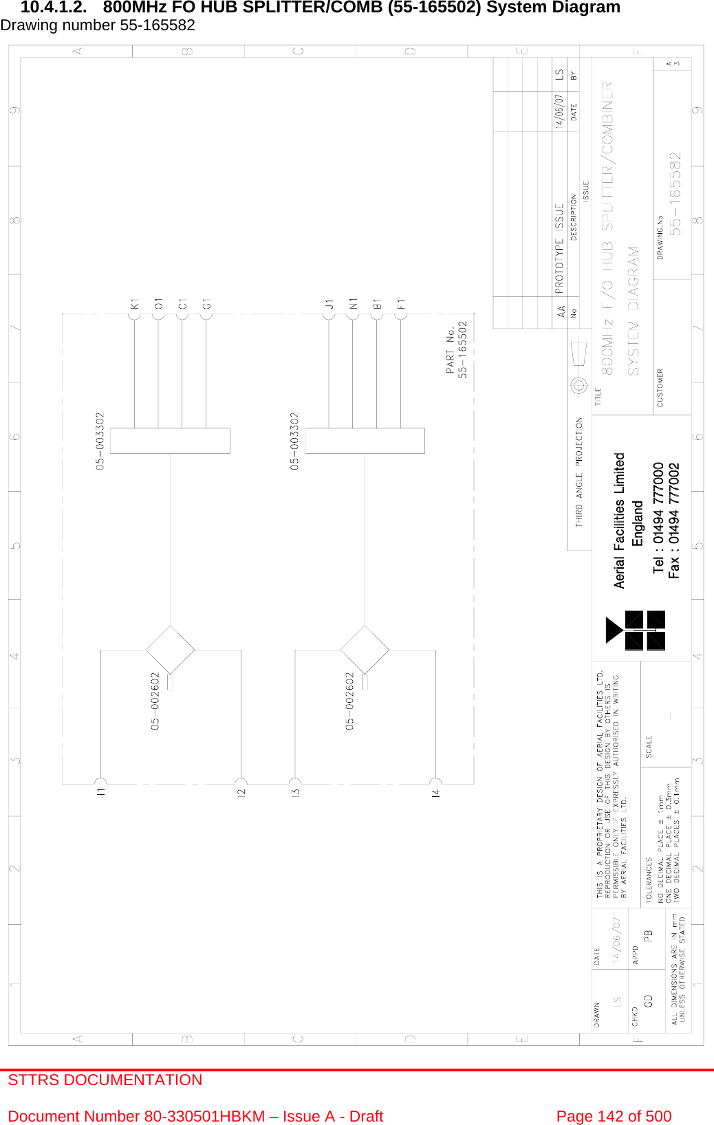 STTRS DOCUMENTATION  Document Number 80-330501HBKM – Issue A - Draft  Page 142 of 500   10.4.1.2.  800MHz FO HUB SPLITTER/COMB (55-165502) System Diagram Drawing number 55-165582                             