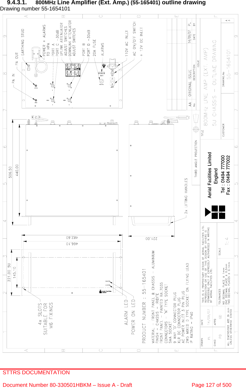 STTRS DOCUMENTATION  Document Number 80-330501HBKM – Issue A - Draft  Page 127 of 500   9.4.3.1.  800MHz Line Amplifier (Ext. Amp.) (55-165401) outline drawing Drawing number 55-1654101                                                        