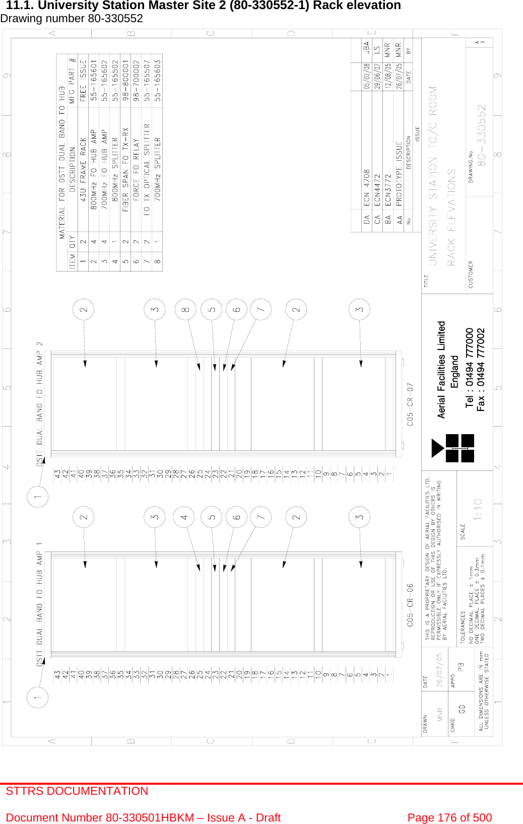 STTRS DOCUMENTATION  Document Number 80-330501HBKM – Issue A - Draft  Page 176 of 500   11.1. University Station Master Site 2 (80-330552-1) Rack elevation Drawing number 80-330552                                                       