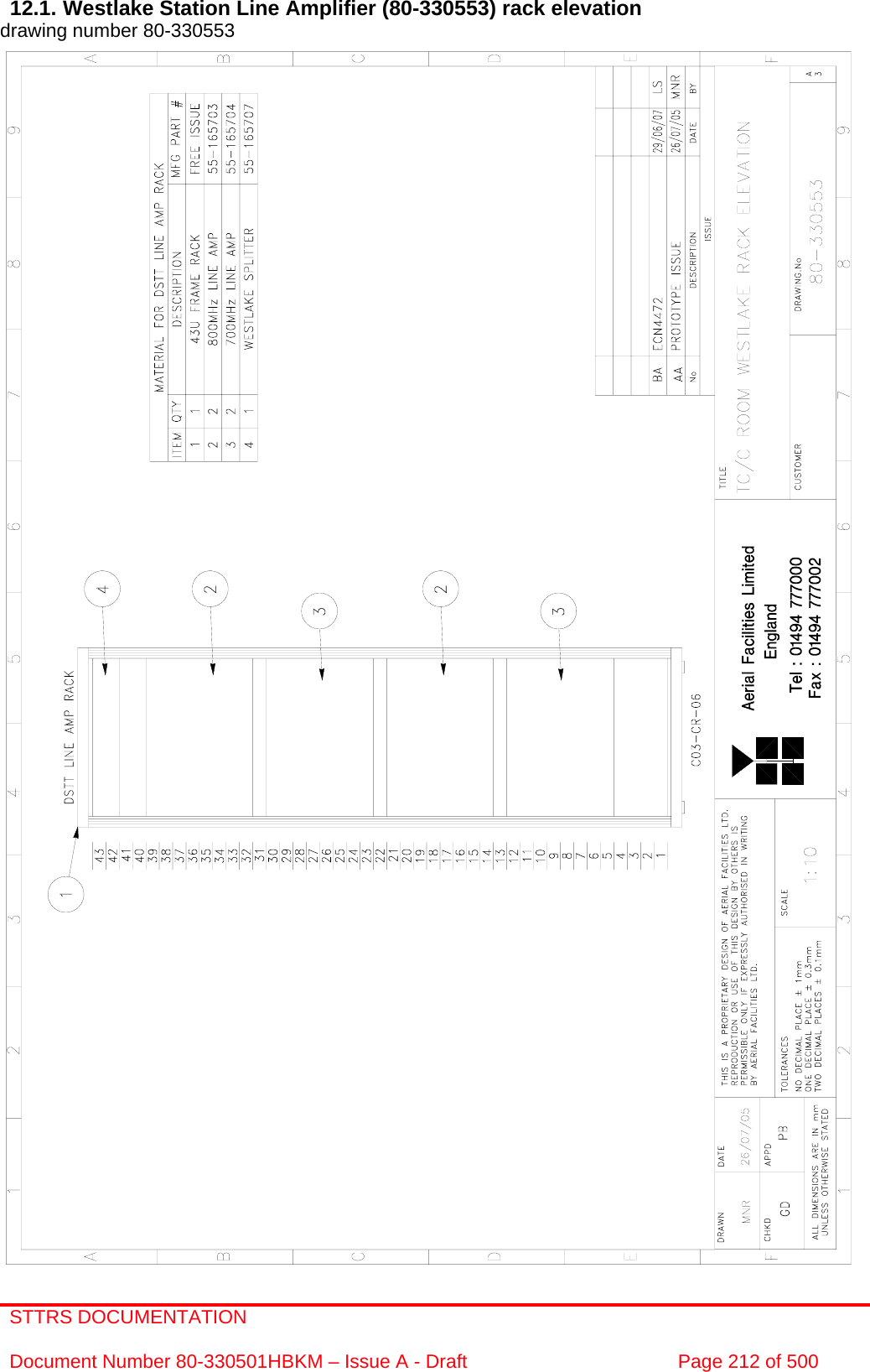 STTRS DOCUMENTATION  Document Number 80-330501HBKM – Issue A - Draft  Page 212 of 500   12.1. Westlake Station Line Amplifier (80-330553) rack elevation  drawing number 80-330553                                                    