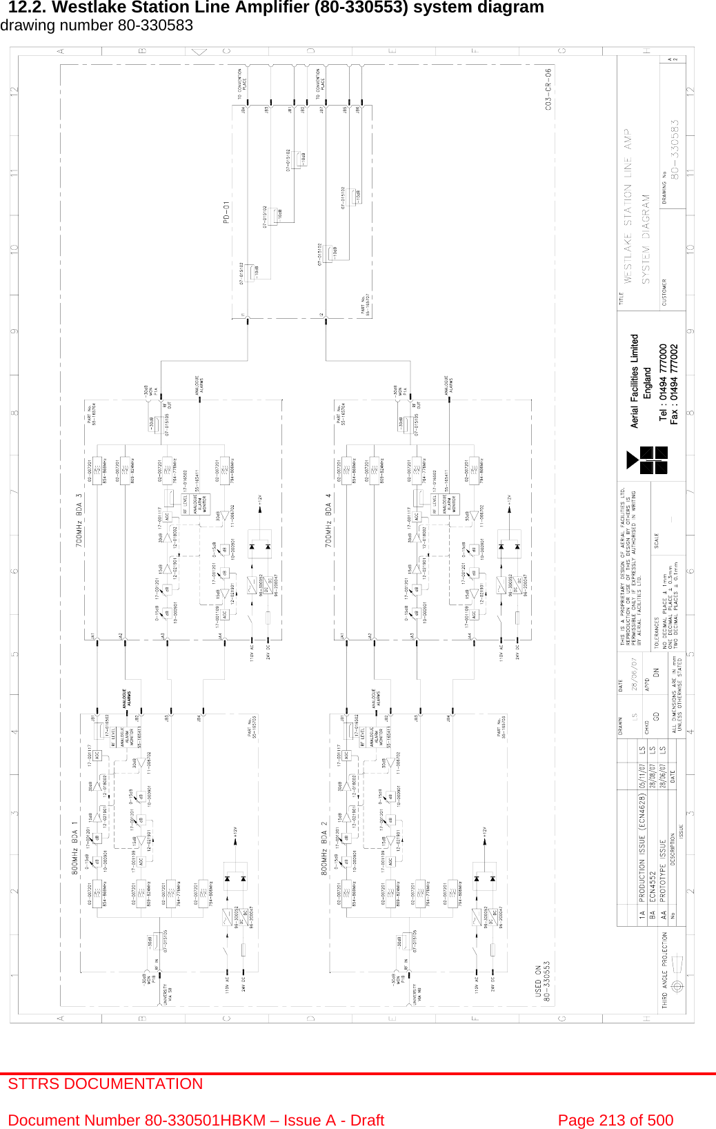 STTRS DOCUMENTATION  Document Number 80-330501HBKM – Issue A - Draft  Page 213 of 500   12.2. Westlake Station Line Amplifier (80-330553) system diagram  drawing number 80-330583                                                        