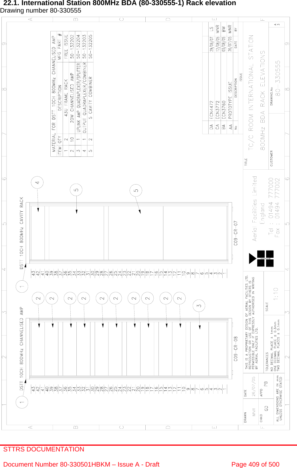 STTRS DOCUMENTATION  Document Number 80-330501HBKM – Issue A - Draft  Page 409 of 500   22.1. International Station 800MHz BDA (80-330555-1) Rack elevation  Drawing number 80-330555                                                       