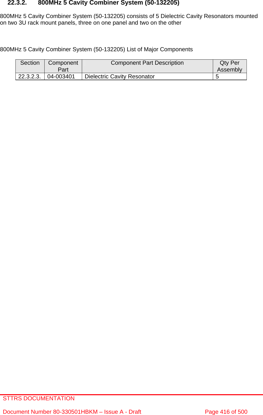 STTRS DOCUMENTATION  Document Number 80-330501HBKM – Issue A - Draft  Page 416 of 500   22.3.2.  800MHz 5 Cavity Combiner System (50-132205)  800MHz 5 Cavity Combiner System (50-132205) consists of 5 Dielectric Cavity Resonators mounted on two 3U rack mount panels, three on one panel and two on the other    800MHz 5 Cavity Combiner System (50-132205) List of Major Components  Section  Component Part  Component Part Description  Qty Per Assembly 22.3.2.3.  04-003401  Dielectric Cavity Resonator  5    