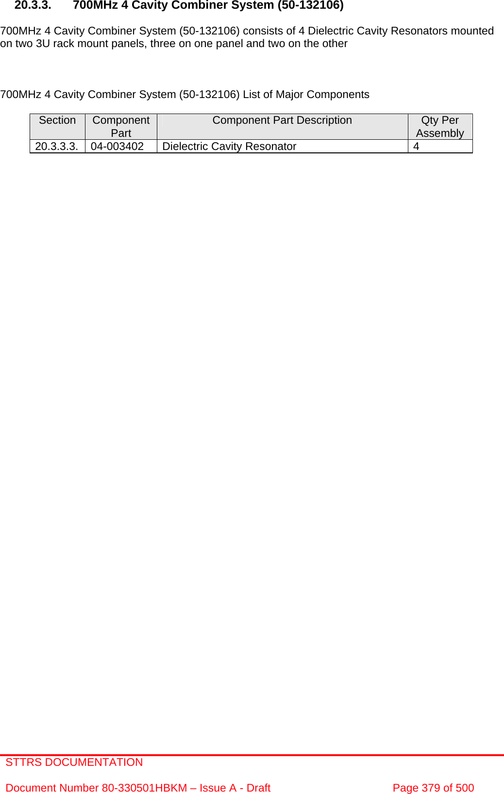 STTRS DOCUMENTATION  Document Number 80-330501HBKM – Issue A - Draft  Page 379 of 500   20.3.3.  700MHz 4 Cavity Combiner System (50-132106)  700MHz 4 Cavity Combiner System (50-132106) consists of 4 Dielectric Cavity Resonators mounted on two 3U rack mount panels, three on one panel and two on the other    700MHz 4 Cavity Combiner System (50-132106) List of Major Components  Section  Component Part  Component Part Description  Qty Per Assembly 20.3.3.3.  04-003402  Dielectric Cavity Resonator  4                             