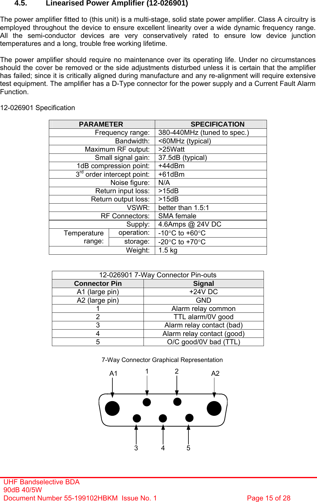  4.5.  Linearised Power Amplifier (12-026901)  The power amplifier fitted to (this unit) is a multi-stage, solid state power amplifier. Class A circuitry is employed throughout the device to ensure excellent linearity over a wide dynamic frequency range. All the semi-conductor devices are very conservatively rated to ensure low device junction temperatures and a long, trouble free working lifetime.  The power amplifier should require no maintenance over its operating life. Under no circumstances should the cover be removed or the side adjustments disturbed unless it is certain that the amplifier has failed; since it is critically aligned during manufacture and any re-alignment will require extensive test equipment. The amplifier has a D-Type connector for the power supply and a Current Fault Alarm Function.  12-026901 Specification  PARAMETER  SPECIFICATION Frequency range:  380-440MHz (tuned to spec.) Bandwidth: &lt;60MHz (typical) Maximum RF output:  &gt;25Watt Small signal gain:  37.5dB (typical) 1dB compression point:  +44dBm 3rd order intercept point:  +61dBm Noise figure:  N/A Return input loss:  &gt;15dB Return output loss:  &gt;15dB VSWR:  better than 1.5:1 RF Connectors:  SMA female Supply:  4.6Amps @ 24V DC operation:  -10°C to +60°C Temperature range:  storage:  -20°C to +70°C Weight: 1.5 kg   12-026901 7-Way Connector Pin-outs Connector Pin  Signal A1 (large pin)  +24V DC A2 (large pin)  GND 1  Alarm relay common 2  TTL alarm/0V good 3  Alarm relay contact (bad) 4  Alarm relay contact (good) 5  O/C good/0V bad (TTL)   A1 A21 23 4 57-Way Connector Graphical Representation           UHF Bandselective BDA 90dB 40/5W Document Number 55-199102HBKM  Issue No. 1  Page 15 of 28  