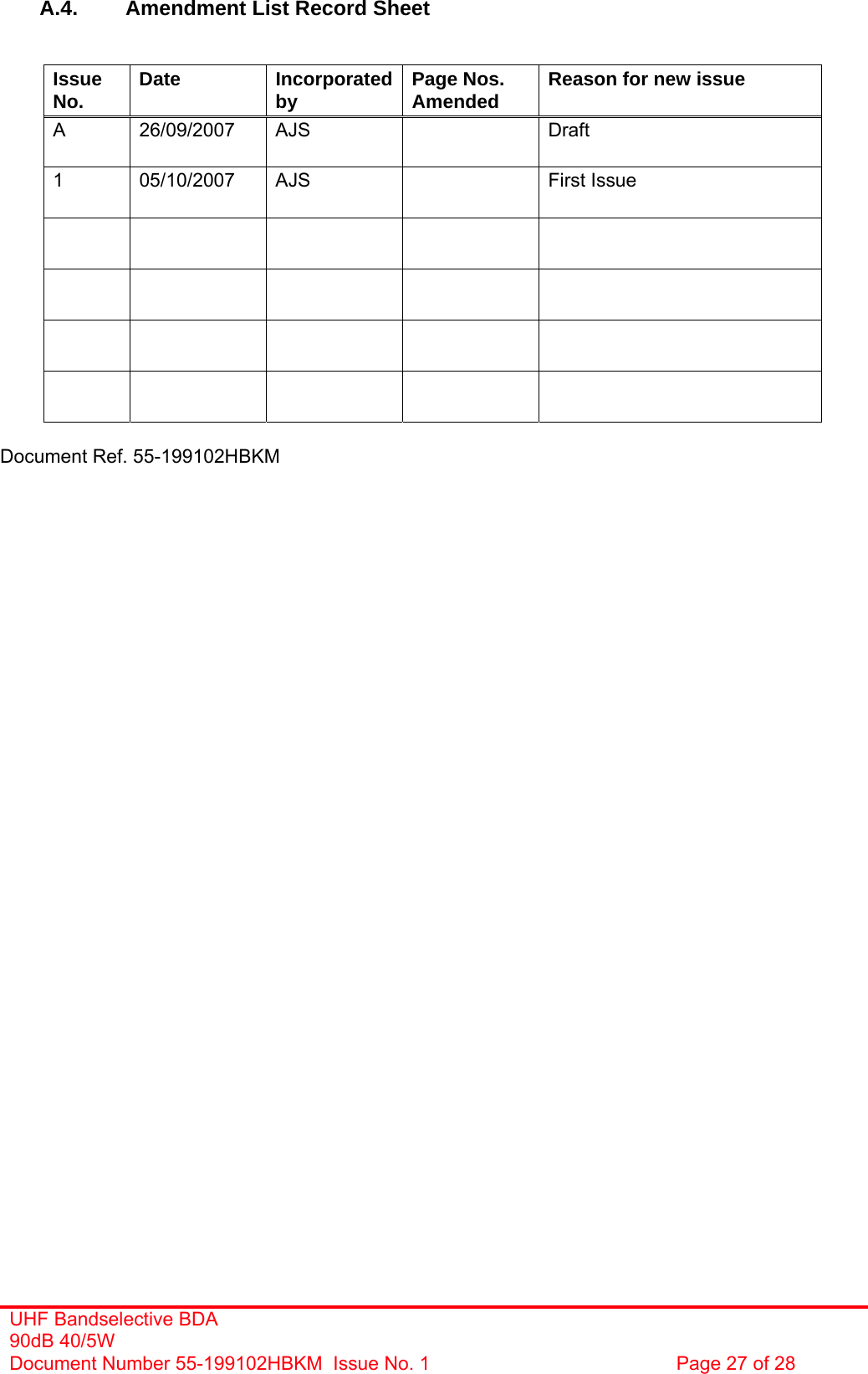  A.4.  Amendment List Record Sheet   Issue No.  Date Incorporated by  Page Nos. Amended  Reason for new issue A 26/09/2007 AJS    Draft  1 05/10/2007 AJS    First Issue                                  Document Ref. 55-199102HBKM    UHF Bandselective BDA 90dB 40/5W Document Number 55-199102HBKM  Issue No. 1  Page 27 of 28  