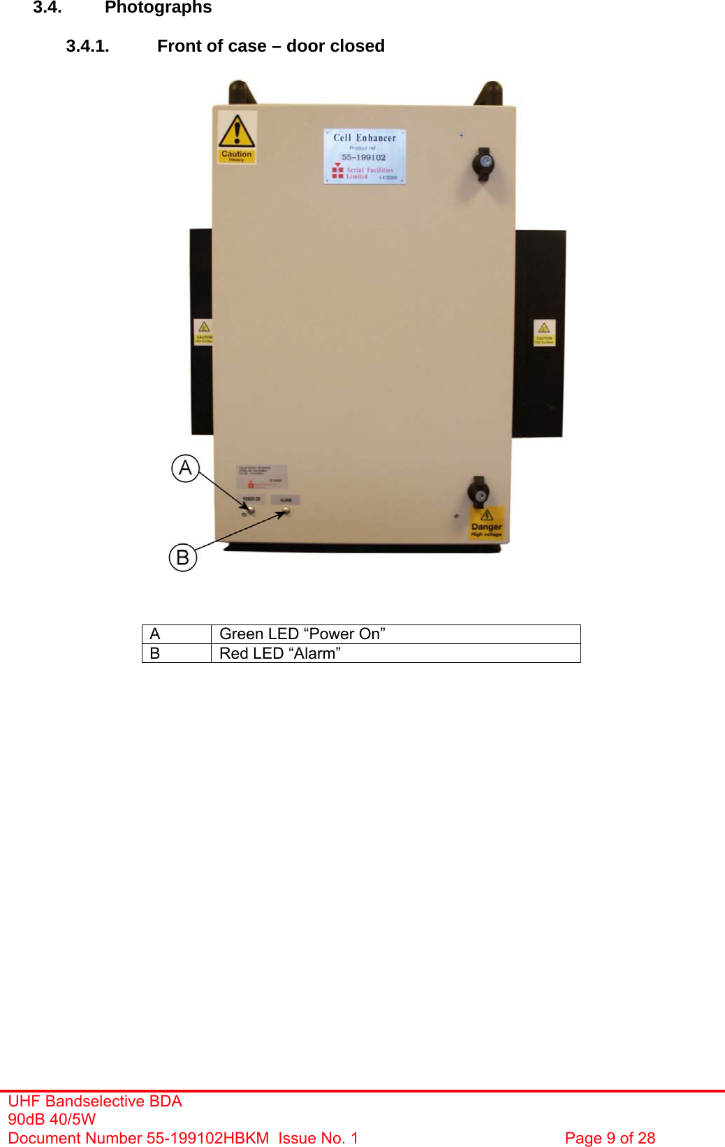  3.4. Photographs  3.4.1.  Front of case – door closed                                A  Green LED “Power On” B  Red LED “Alarm”                 UHF Bandselective BDA 90dB 40/5W Document Number 55-199102HBKM  Issue No. 1  Page 9 of 28  