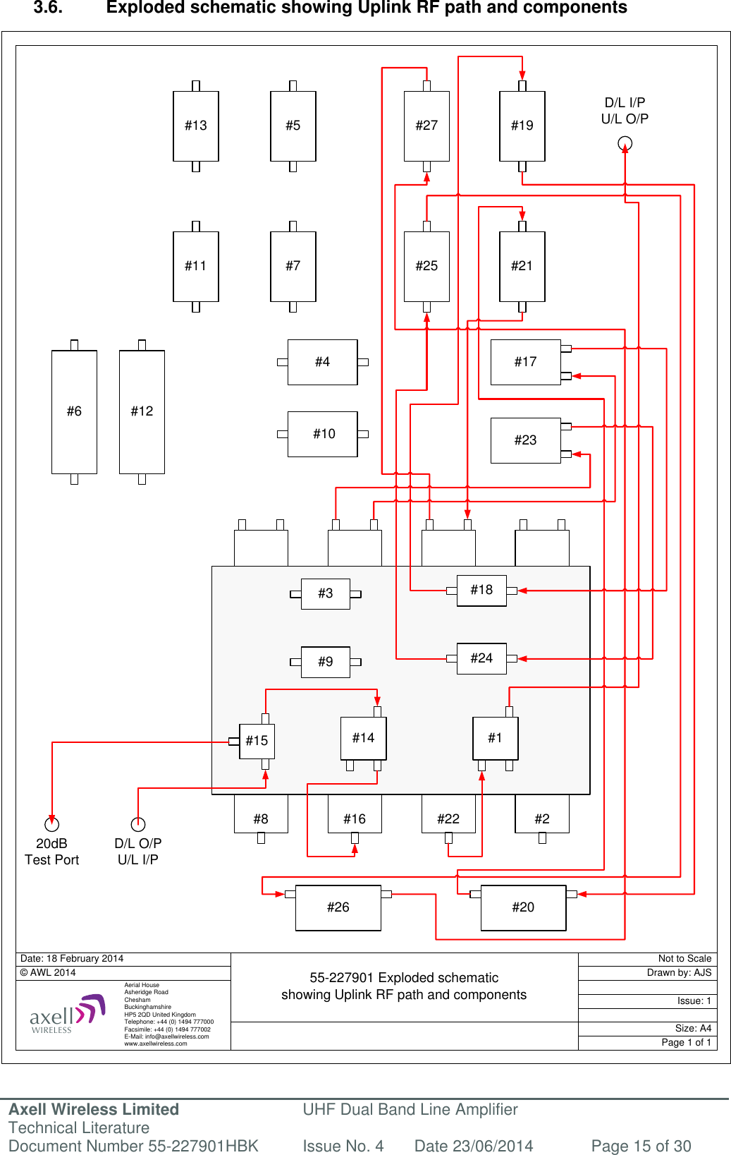 Axell Wireless Limited Technical Literature UHF Dual Band Line Amplifier Document Number 55-227901HBK Issue No. 4 Date 23/06/2014 Page 15 of 30  #6#17#20#27 #19#25 #21#23#13 #5#11 #7#2#22#16#8#3#9#18#24#1#14#15#26#12#4 #10D/L I/PU/L O/PD/L O/PU/L I/P20dBTest PortDate: 18 February 2014© AWL 2014Page 1 of 1Size: A4Issue: 1Drawn by: AJSNot to Scale55-227901 Exploded schematicshowing Uplink RF path and components Aerial HouseAsheridge RoadCheshamBuckinghamshireHP5 2QD United KingdomTelephone: +44 (0) 1494 777000Facsimile: +44 (0) 1494 777002E-Mail: info@axellwireless.comwww.axellwireless.comaxellWIRELESS 3.6.  Exploded schematic showing Uplink RF path and components        