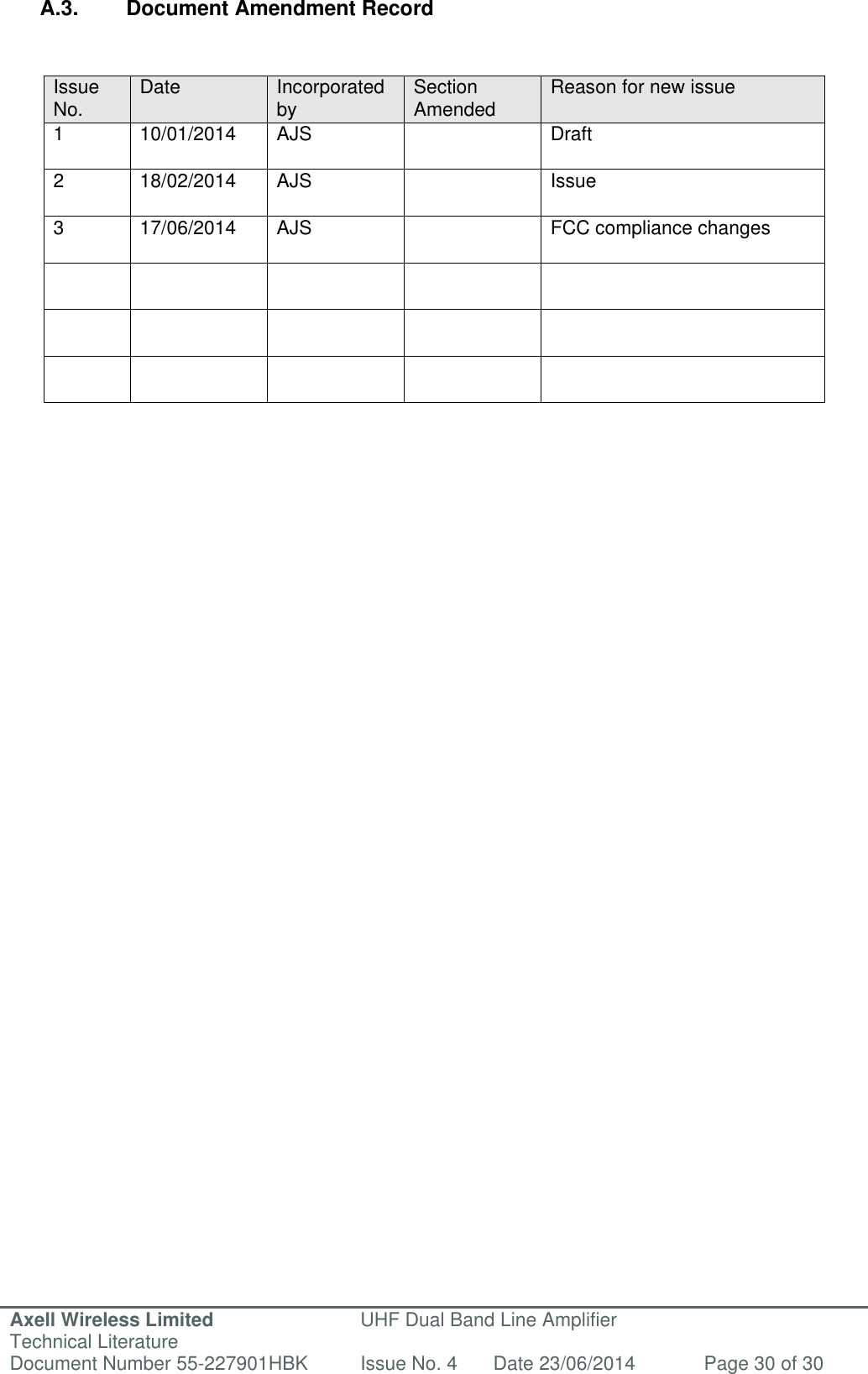 Axell Wireless Limited Technical Literature UHF Dual Band Line Amplifier Document Number 55-227901HBK Issue No. 4 Date 23/06/2014 Page 30 of 30   A.3.  Document Amendment Record         Issue No. Date Incorporated by Section Amended Reason for new issue 1 10/01/2014 AJS  Draft 2 18/02/2014 AJS  Issue 3 17/06/2014 AJS  FCC compliance changes                