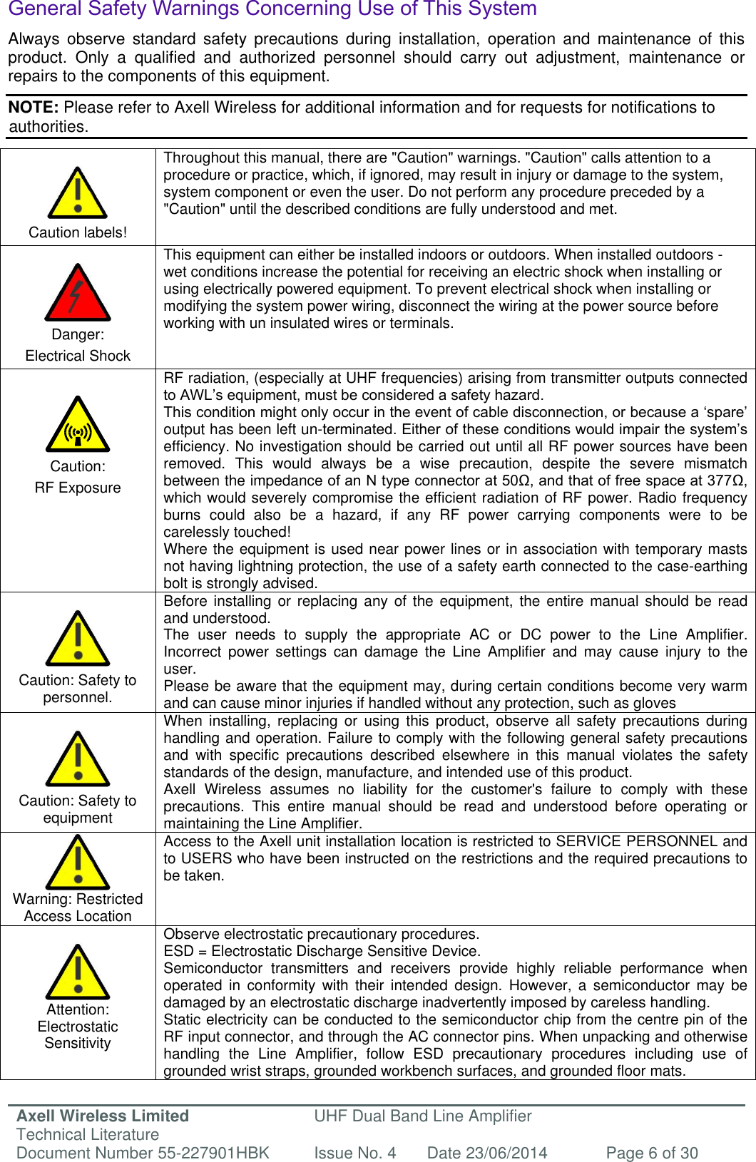Axell Wireless Limited Technical Literature UHF Dual Band Line Amplifier Document Number 55-227901HBK Issue No. 4 Date 23/06/2014 Page 6 of 30   General Safety Warnings Concerning Use of This System Always  observe  standard  safety  precautions  during  installation,  operation  and  maintenance  of  this product.  Only  a  qualified  and  authorized  personnel  should  carry  out  adjustment,  maintenance  or repairs to the components of this equipment. NOTE: Please refer to Axell Wireless for additional information and for requests for notifications to authorities.   Caution labels! Throughout this manual, there are &quot;Caution&quot; warnings. &quot;Caution&quot; calls attention to a procedure or practice, which, if ignored, may result in injury or damage to the system, system component or even the user. Do not perform any procedure preceded by a &quot;Caution&quot; until the described conditions are fully understood and met.    Danger:  Electrical Shock This equipment can either be installed indoors or outdoors. When installed outdoors - wet conditions increase the potential for receiving an electric shock when installing or using electrically powered equipment. To prevent electrical shock when installing or modifying the system power wiring, disconnect the wiring at the power source before working with un insulated wires or terminals.   Caution:  RF Exposure RF radiation, (especially at UHF frequencies) arising from transmitter outputs connected to AWL’s equipment, must be considered a safety hazard. This condition might only occur in the event of cable disconnection, or because a ‘spare’ output has been left un-terminated. Either of these conditions would impair the system’s efficiency. No investigation should be carried out until all RF power sources have been removed.  This  would  always  be  a  wise  precaution,  despite  the  severe  mismatch between the impedance of an N type connector at 50Ω, and that of free space at 377Ω, which would severely compromise the efficient radiation of RF power. Radio frequency burns  could  also  be  a  hazard,  if  any  RF  power  carrying  components  were  to  be carelessly touched! Where the equipment is used near power lines or in association with temporary masts not having lightning protection, the use of a safety earth connected to the case-earthing bolt is strongly advised.   Caution: Safety to personnel. Before installing or  replacing  any  of  the equipment, the  entire  manual should be read and understood. The  user  needs  to  supply  the  appropriate  AC  or  DC  power  to  the  Line  Amplifier. Incorrect  power  settings  can  damage  the  Line  Amplifier  and  may  cause  injury  to  the user. Please be aware that the equipment may, during certain conditions become very warm and can cause minor injuries if handled without any protection, such as gloves   Caution: Safety to equipment When  installing,  replacing  or  using  this  product,  observe  all  safety  precautions  during handling and operation. Failure to comply with the following general safety precautions and  with  specific  precautions  described  elsewhere  in  this  manual  violates  the  safety standards of the design, manufacture, and intended use of this product.  Axell  Wireless  assumes  no  liability  for  the  customer&apos;s  failure  to  comply  with  these precautions.  This  entire  manual  should  be  read  and  understood  before  operating  or maintaining the Line Amplifier.  Warning: Restricted Access Location Access to the Axell unit installation location is restricted to SERVICE PERSONNEL and to USERS who have been instructed on the restrictions and the required precautions to be taken.   Attention:  Electrostatic  Sensitivity  Observe electrostatic precautionary procedures. ESD = Electrostatic Discharge Sensitive Device.  Semiconductor  transmitters  and  receivers  provide  highly  reliable  performance  when operated  in  conformity  with  their  intended  design.  However,  a  semiconductor  may  be damaged by an electrostatic discharge inadvertently imposed by careless handling. Static electricity can be conducted to the semiconductor chip from the centre pin of the RF input connector, and through the AC connector pins. When unpacking and otherwise handling  the  Line  Amplifier,  follow  ESD  precautionary  procedures  including  use  of grounded wrist straps, grounded workbench surfaces, and grounded floor mats.    