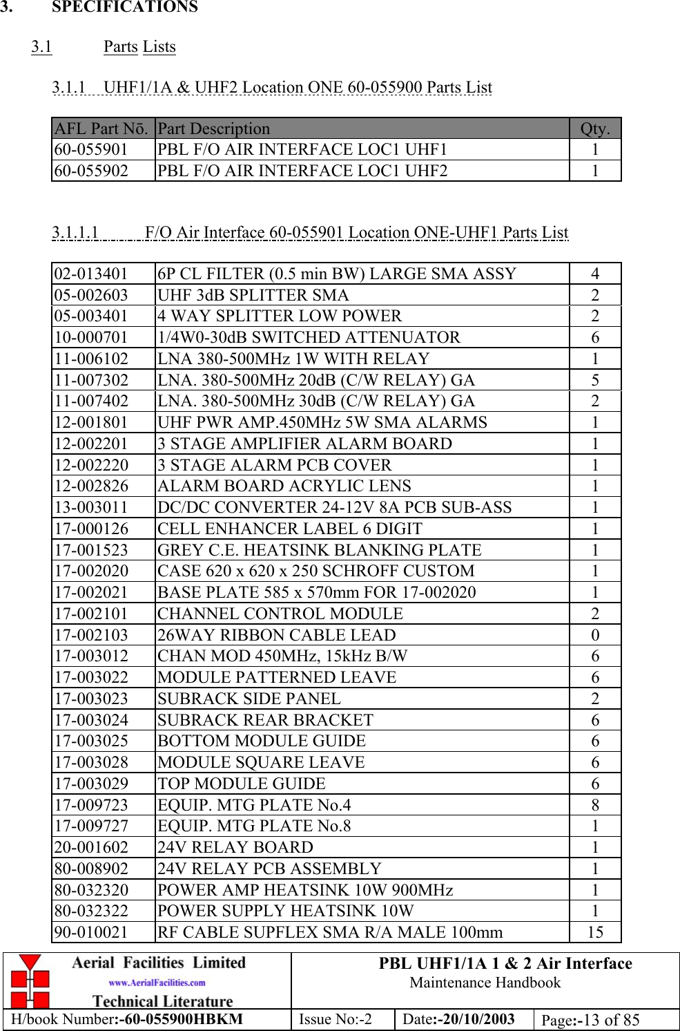 PBL UHF1/1A 1 &amp; 2 Air InterfaceMaintenance HandbookH/book Number:-60-055900HBKM Issue No:-2 Date:-20/10/2003 Page:-13 of 853. SPECIFICATIONS3.1 Parts Lists3.1.1    UHF1/1A &amp; UHF2 Location ONE 60-055900 Parts ListAFL Part Nō.Part Description Qty.60-055901 PBL F/O AIR INTERFACE LOC1 UHF1 160-055902 PBL F/O AIR INTERFACE LOC1 UHF2 13.1.1.1           F/O Air Interface 60-055901 Location ONE-UHF1 Parts List02-013401 6P CL FILTER (0.5 min BW) LARGE SMA ASSY 405-002603 UHF 3dB SPLITTER SMA 205-003401 4 WAY SPLITTER LOW POWER 210-000701 1/4W0-30dB SWITCHED ATTENUATOR 611-006102 LNA 380-500MHz 1W WITH RELAY 111-007302 LNA. 380-500MHz 20dB (C/W RELAY) GA 511-007402 LNA. 380-500MHz 30dB (C/W RELAY) GA 212-001801 UHF PWR AMP.450MHz 5W SMA ALARMS 112-002201 3 STAGE AMPLIFIER ALARM BOARD 112-002220 3 STAGE ALARM PCB COVER 112-002826 ALARM BOARD ACRYLIC LENS 113-003011 DC/DC CONVERTER 24-12V 8A PCB SUB-ASS 117-000126 CELL ENHANCER LABEL 6 DIGIT 117-001523 GREY C.E. HEATSINK BLANKING PLATE 117-002020 CASE 620 x 620 x 250 SCHROFF CUSTOM 117-002021 BASE PLATE 585 x 570mm FOR 17-002020 117-002101 CHANNEL CONTROL MODULE 217-002103 26WAY RIBBON CABLE LEAD 017-003012 CHAN MOD 450MHz, 15kHz B/W 617-003022 MODULE PATTERNED LEAVE 617-003023 SUBRACK SIDE PANEL 217-003024 SUBRACK REAR BRACKET 617-003025 BOTTOM MODULE GUIDE 617-003028 MODULE SQUARE LEAVE 617-003029 TOP MODULE GUIDE 617-009723 EQUIP. MTG PLATE No.4 817-009727 EQUIP. MTG PLATE No.8 120-001602 24V RELAY BOARD 180-008902 24V RELAY PCB ASSEMBLY 180-032320 POWER AMP HEATSINK 10W 900MHz 180-032322 POWER SUPPLY HEATSINK 10W 190-010021 RF CABLE SUPFLEX SMA R/A MALE 100mm 15