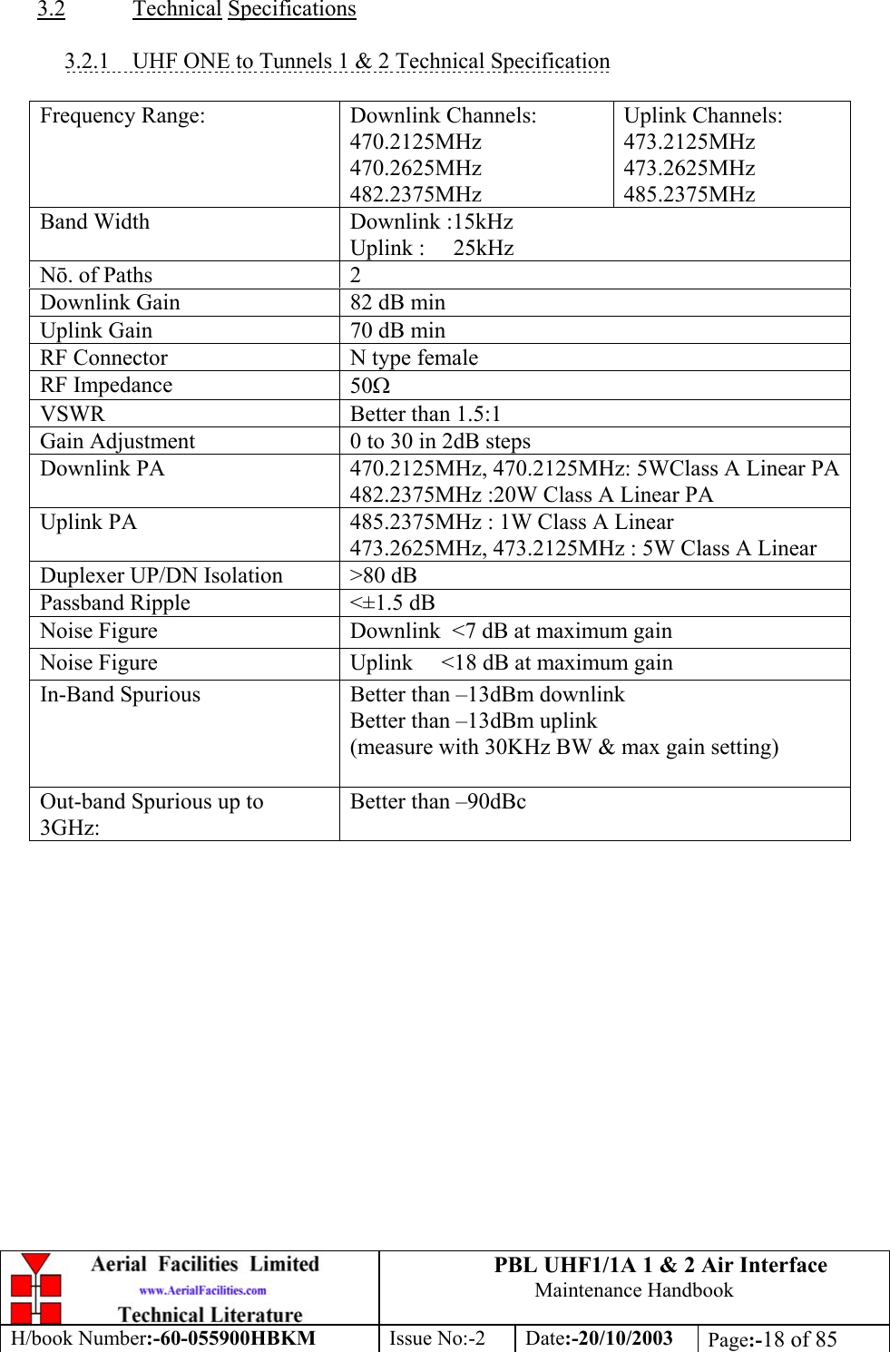 PBL UHF1/1A 1 &amp; 2 Air InterfaceMaintenance HandbookH/book Number:-60-055900HBKM Issue No:-2 Date:-20/10/2003 Page:-18 of 853.2 Technical Specifications3.2.1    UHF ONE to Tunnels 1 &amp; 2 Technical SpecificationFrequency Range: Downlink Channels:470.2125MHz470.2625MHz482.2375MHzUplink Channels:473.2125MHz473.2625MHz485.2375MHzBand Width Downlink :15kHzUplink :     25kHzNō. of Paths 2Downlink Gain 82 dB minUplink Gain 70 dB minRF Connector N type femaleRF Impedance 50ΩVSWR Better than 1.5:1Gain Adjustment 0 to 30 in 2dB stepsDownlink PA 470.2125MHz, 470.2125MHz: 5WClass A Linear PA482.2375MHz :20W Class A Linear PAUplink PA 485.2375MHz : 1W Class A Linear473.2625MHz, 473.2125MHz : 5W Class A LinearDuplexer UP/DN Isolation &gt;80 dBPassband Ripple &lt;±1.5 dBNoise Figure Downlink  &lt;7 dB at maximum gainNoise Figure Uplink     &lt;18 dB at maximum gainIn-Band Spurious Better than –13dBm downlinkBetter than –13dBm uplink(measure with 30KHz BW &amp; max gain setting)Out-band Spurious up to3GHz:Better than –90dBc